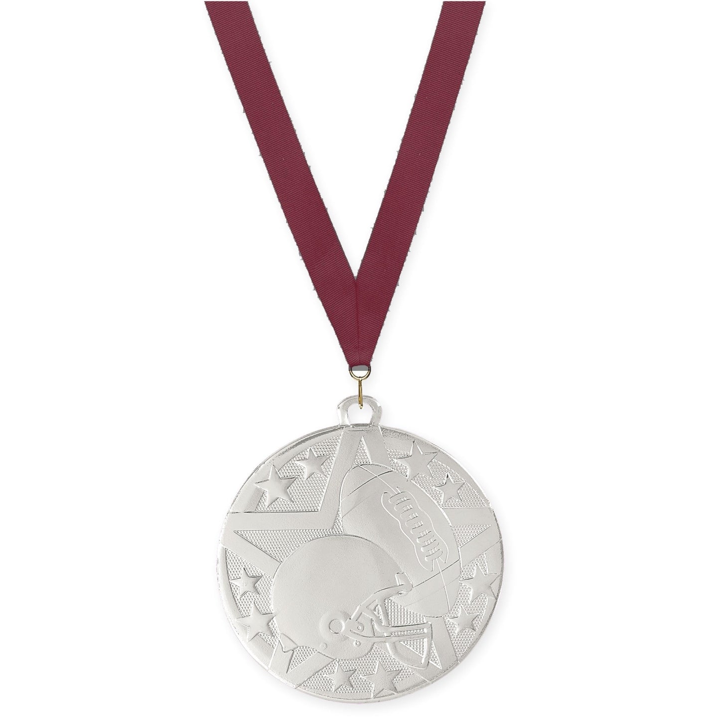 2 inch football Superstar medal in bright silver with Maroon neck ribbon