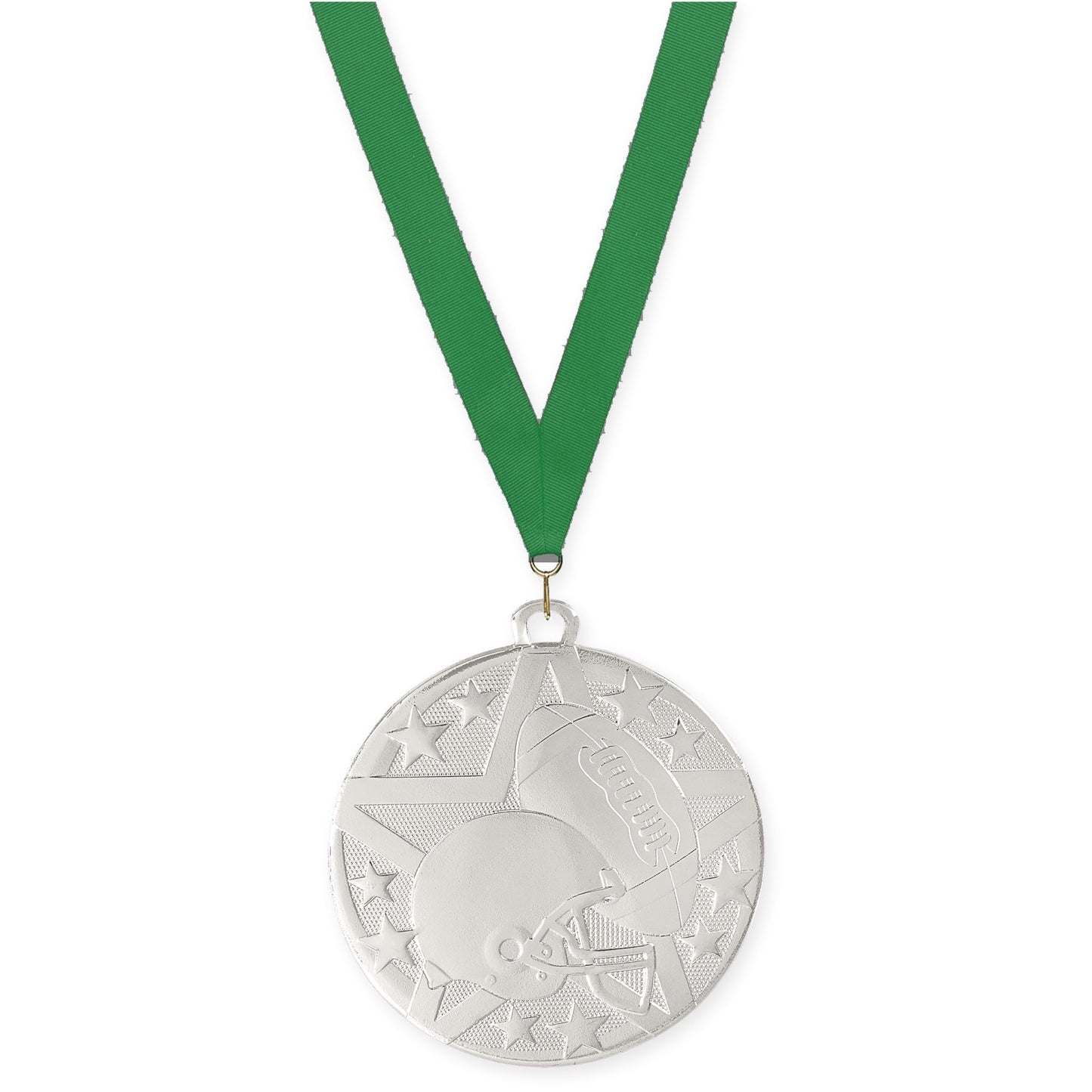 2 inch football Superstar medal in bright silver with Green neck ribbon