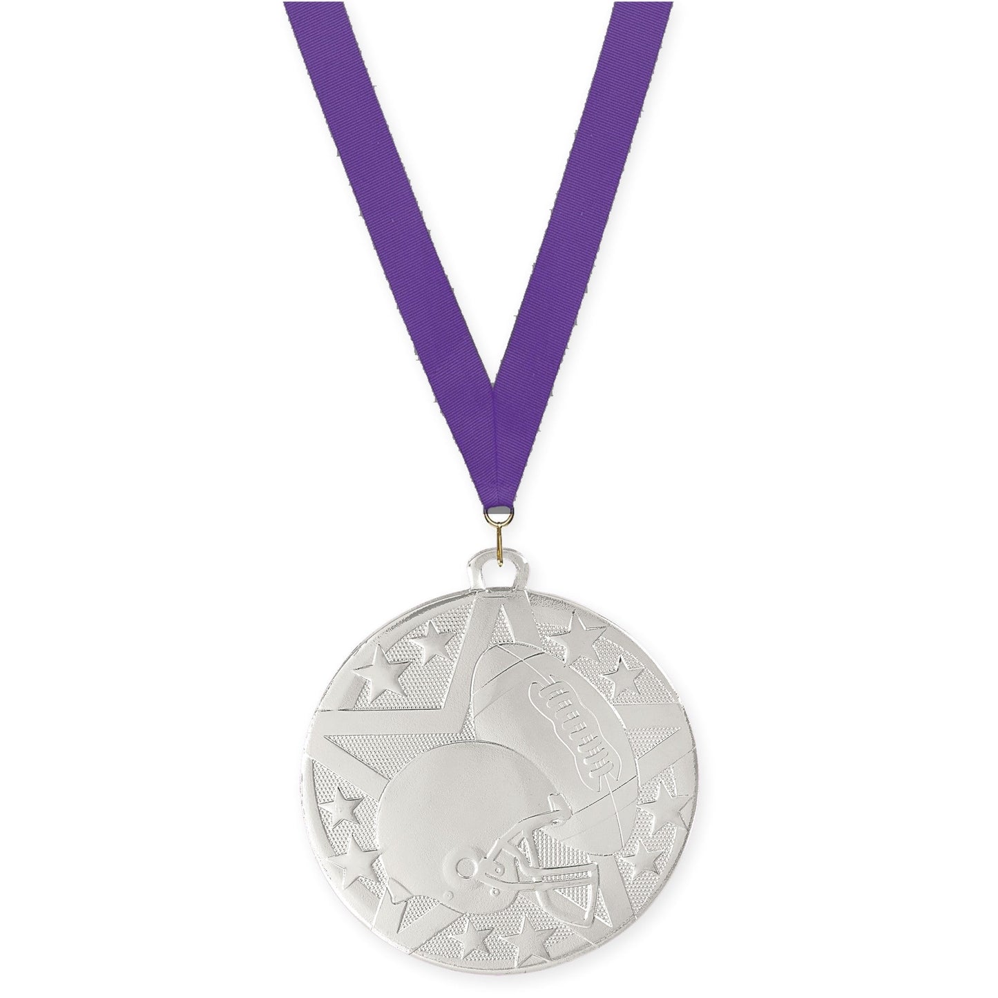 2 inch football Superstar medal in bright silver with Purple neck ribbon