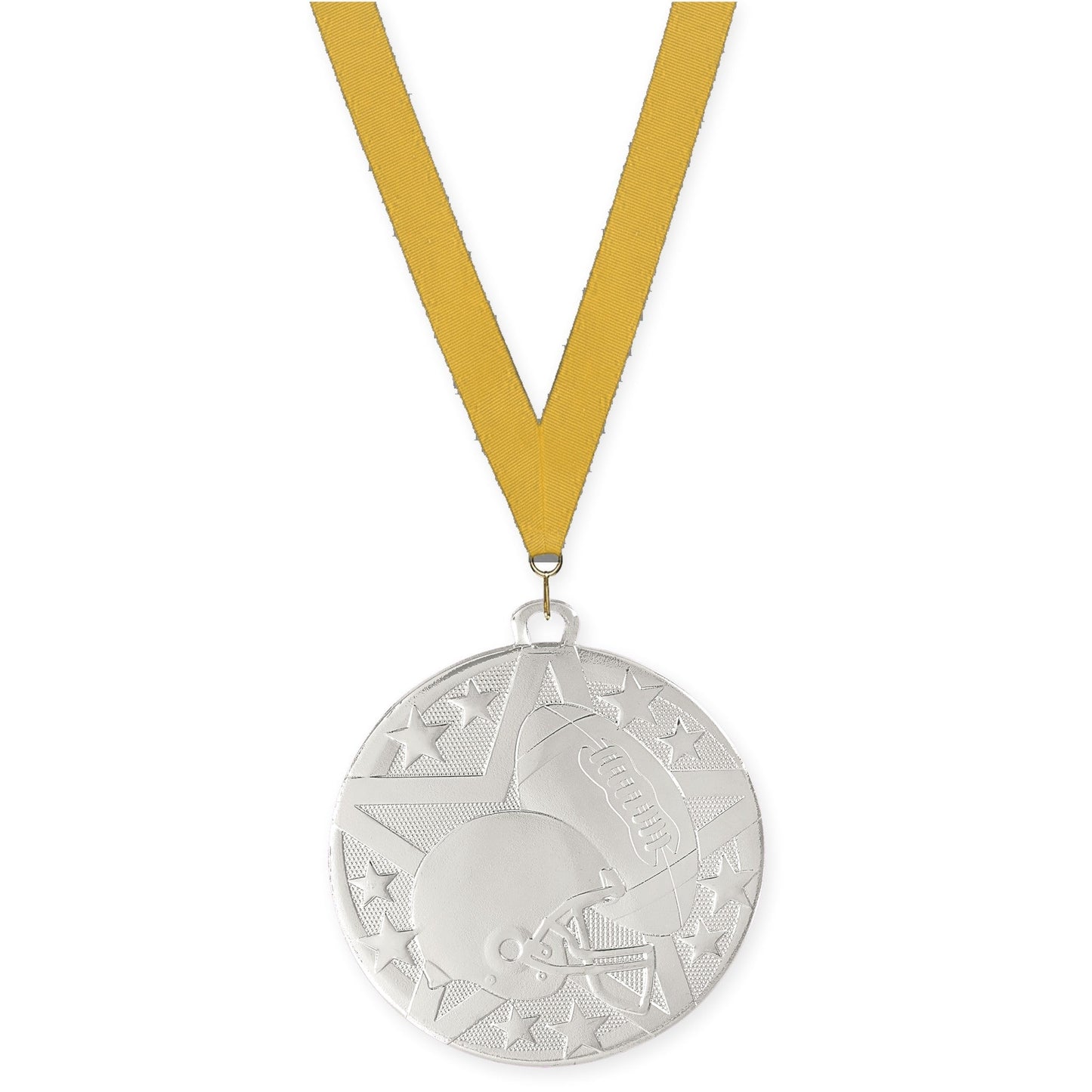 2 inch football Superstar medal in bright silver with Gold neck ribbon