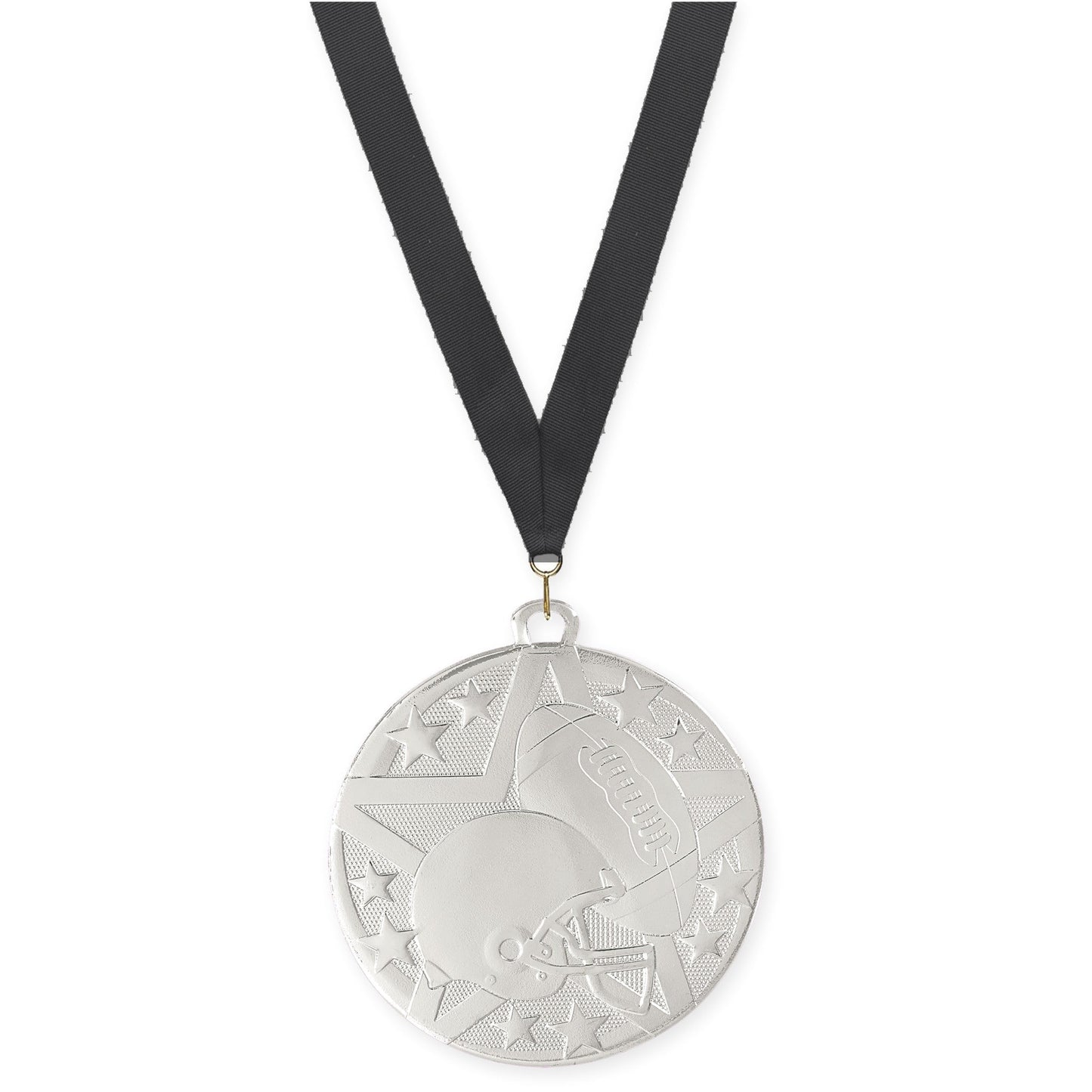 2 inch football Superstar medal in bright silver with Black neck ribbon