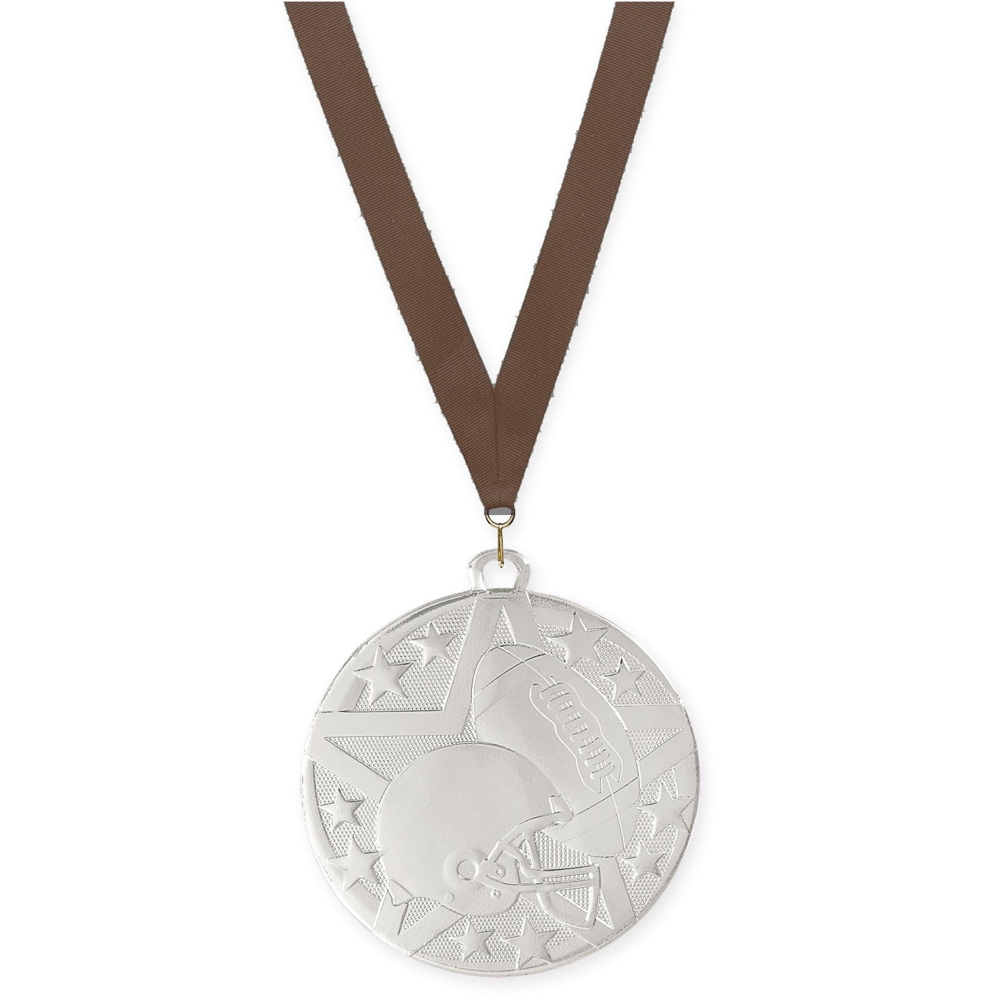 2 inch football Superstar medal in bright silver with Brown neck ribbon
