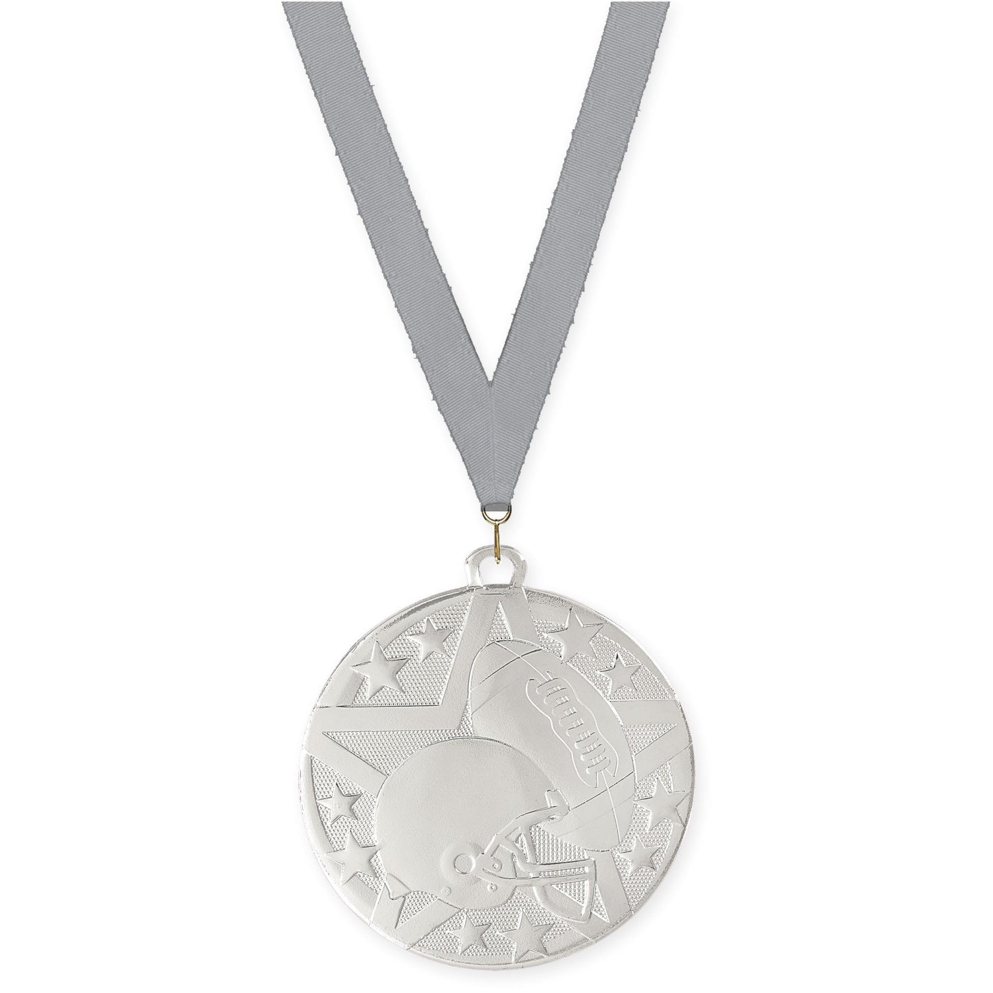 2 inch football Superstar medal in bright silver with Gray neck ribbon