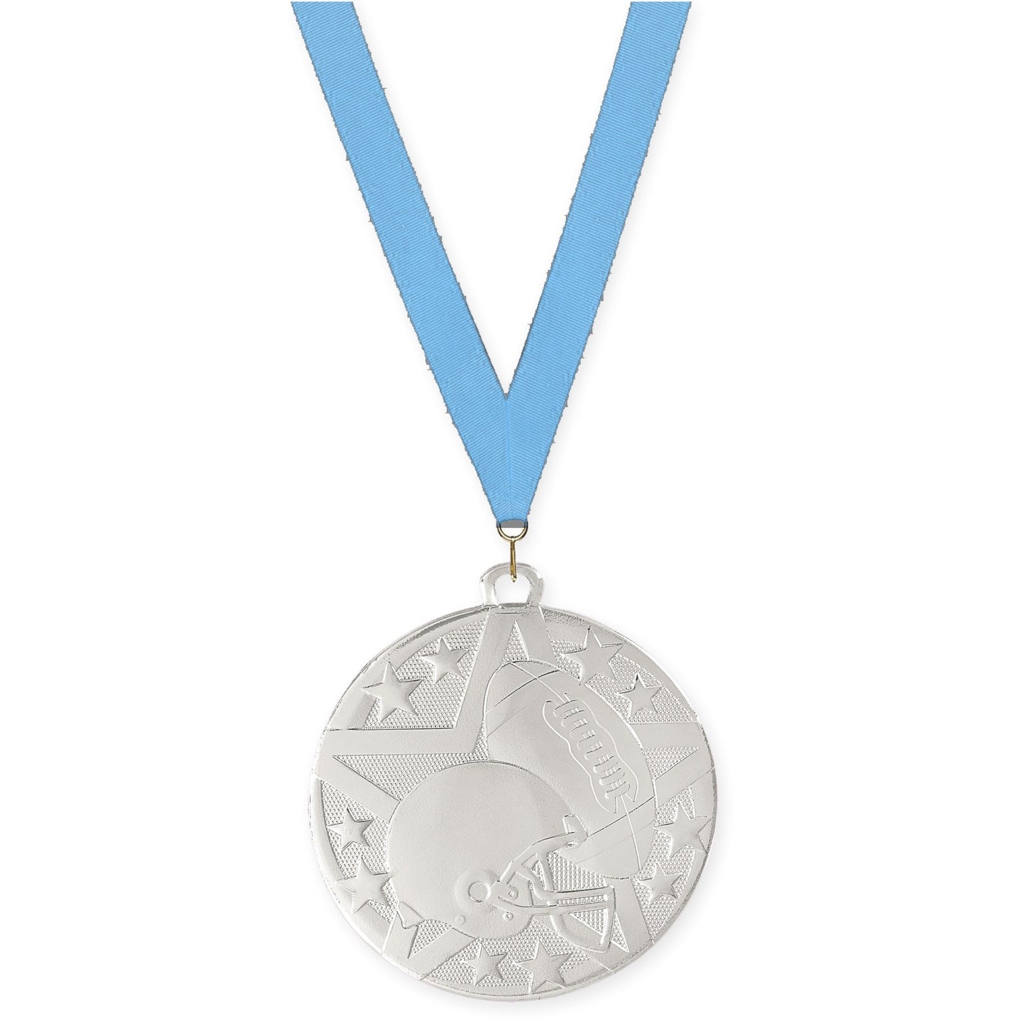 2 inch football Superstar medal in bright silver with Light Blue neck ribbon