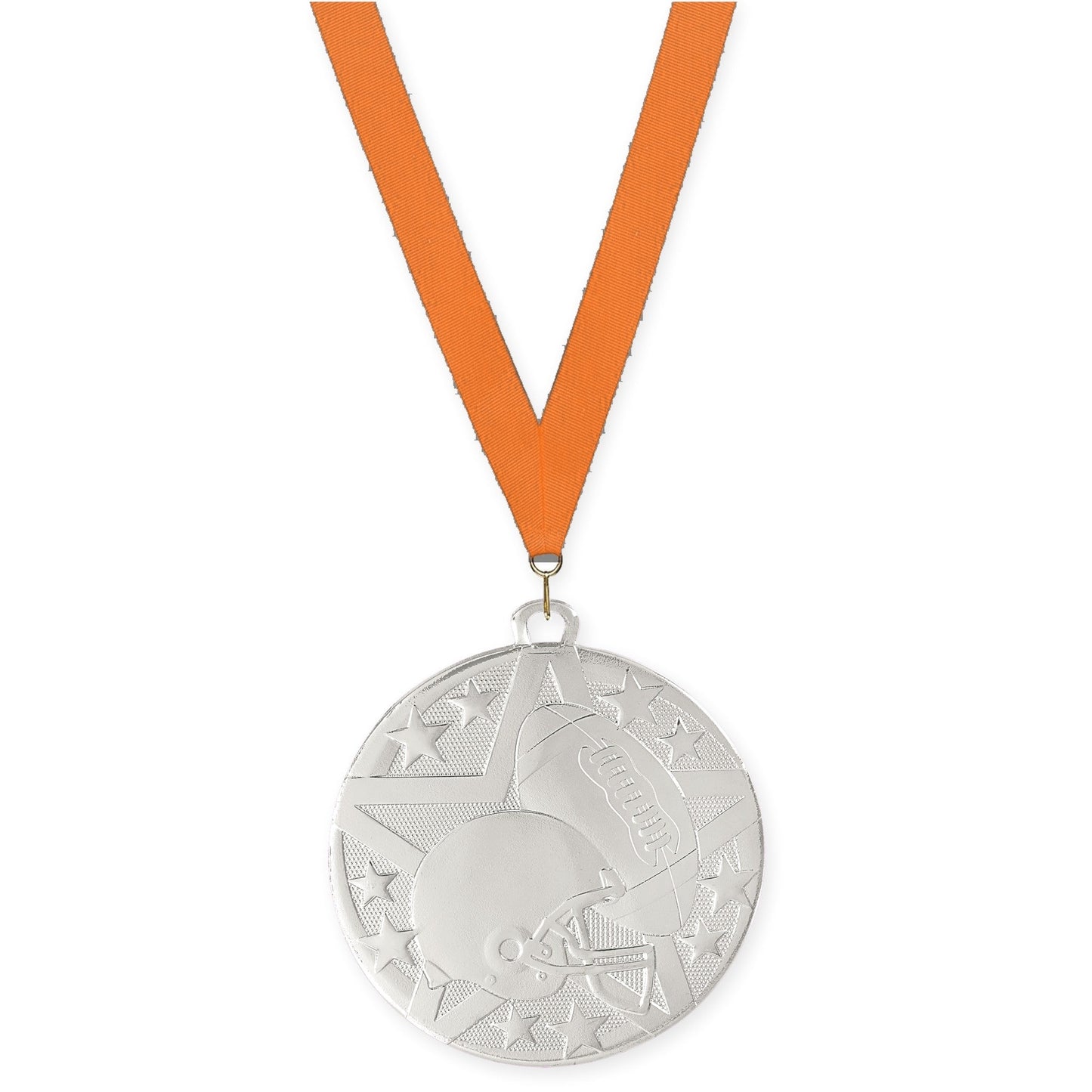 2 inch football Superstar medal in bright silver with Orange neck ribbon