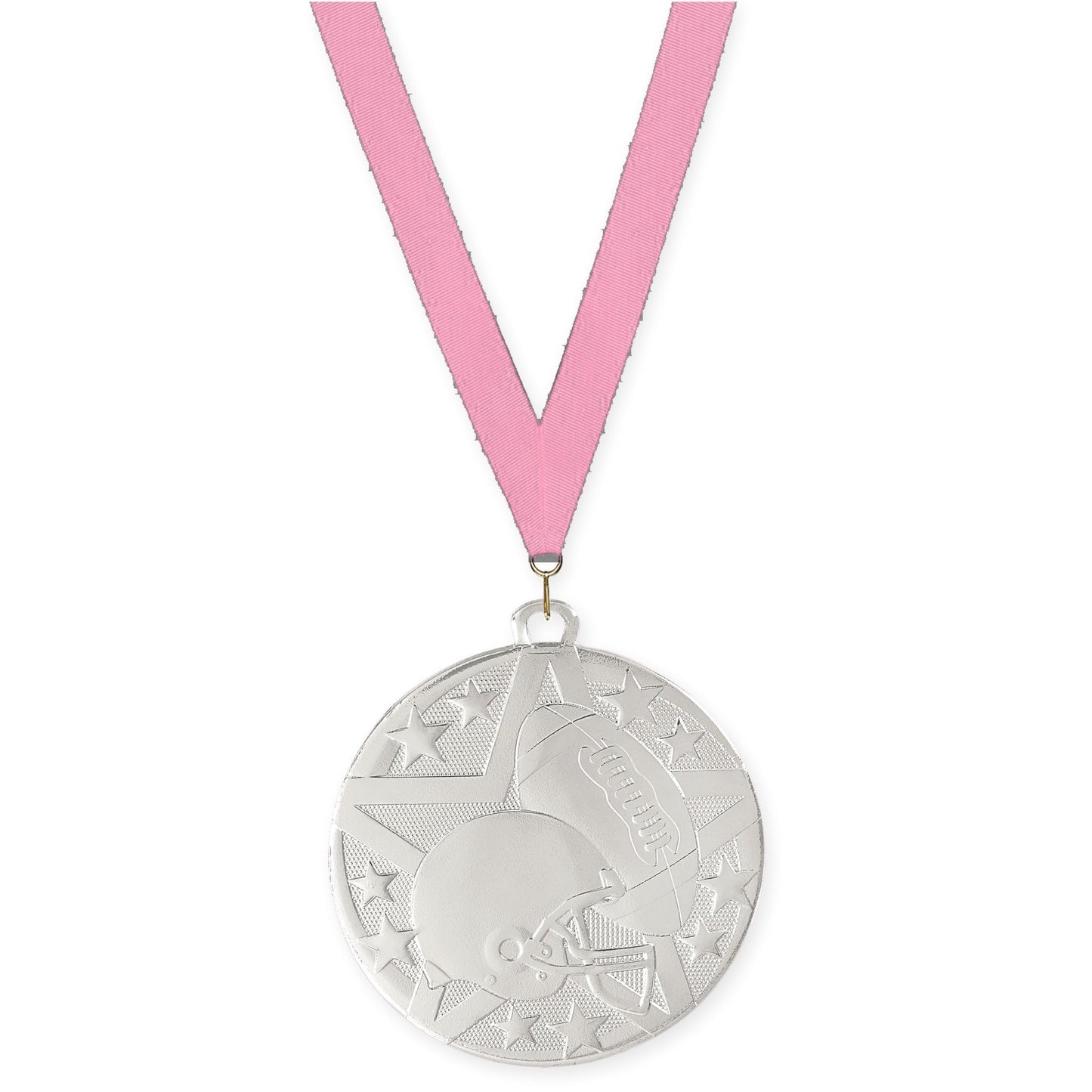 2 inch football Superstar medal in bright silver with Pink neck ribbon