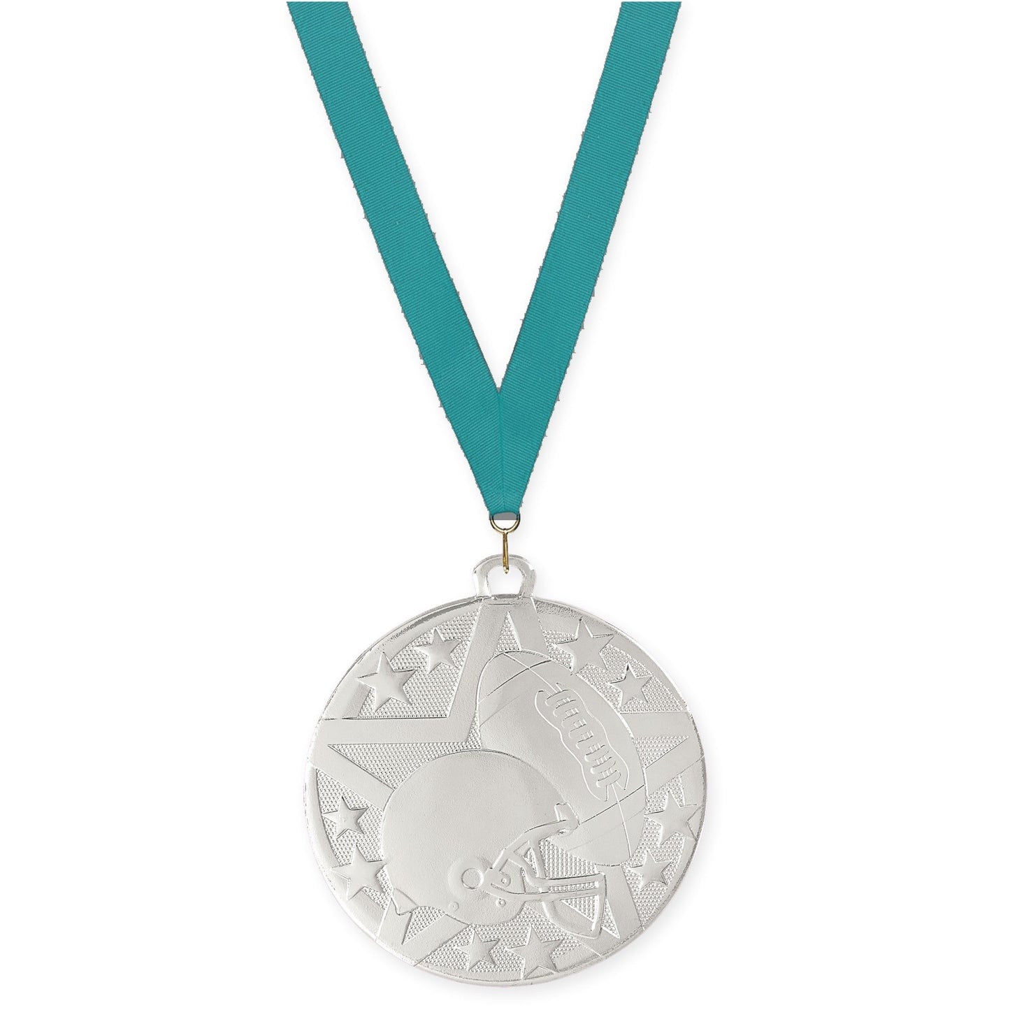 2 inch football Superstar medal in bright silver with Teal neck ribbon