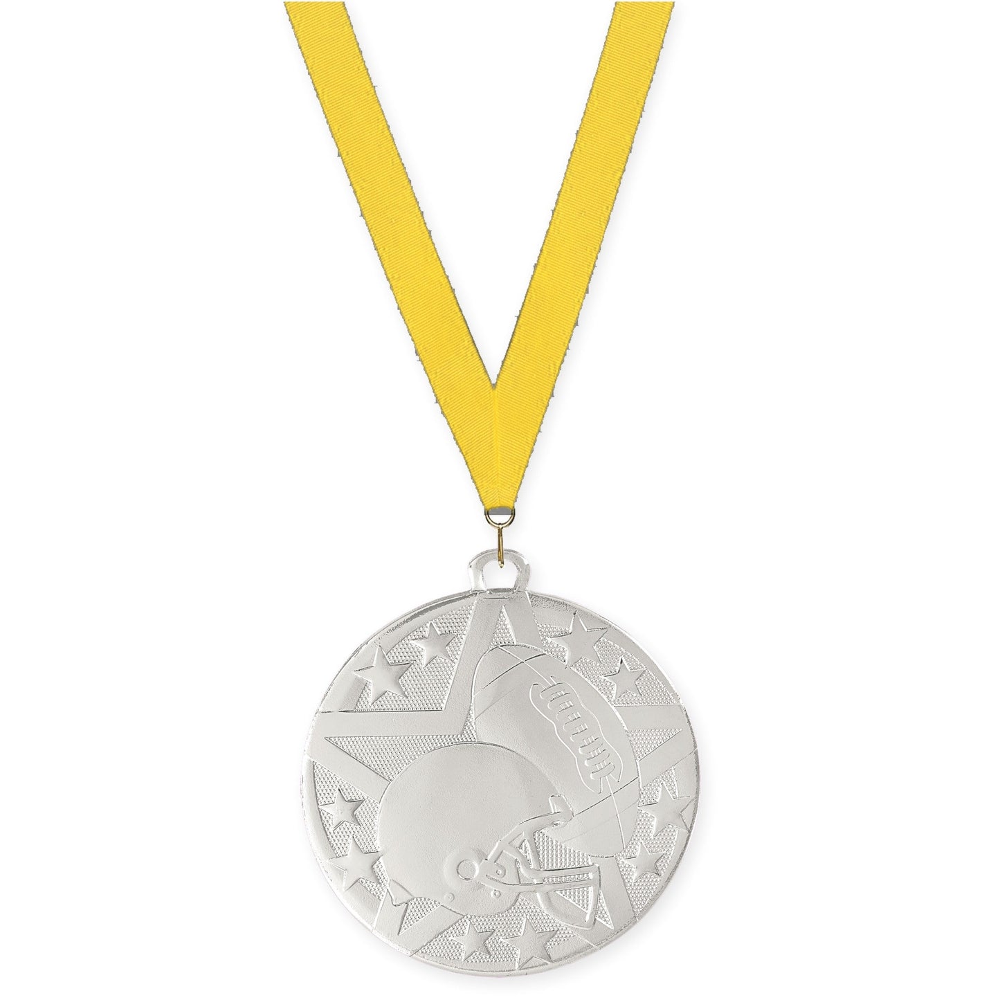 2 inch football Superstar medal in bright silver with Yellow neck ribbon