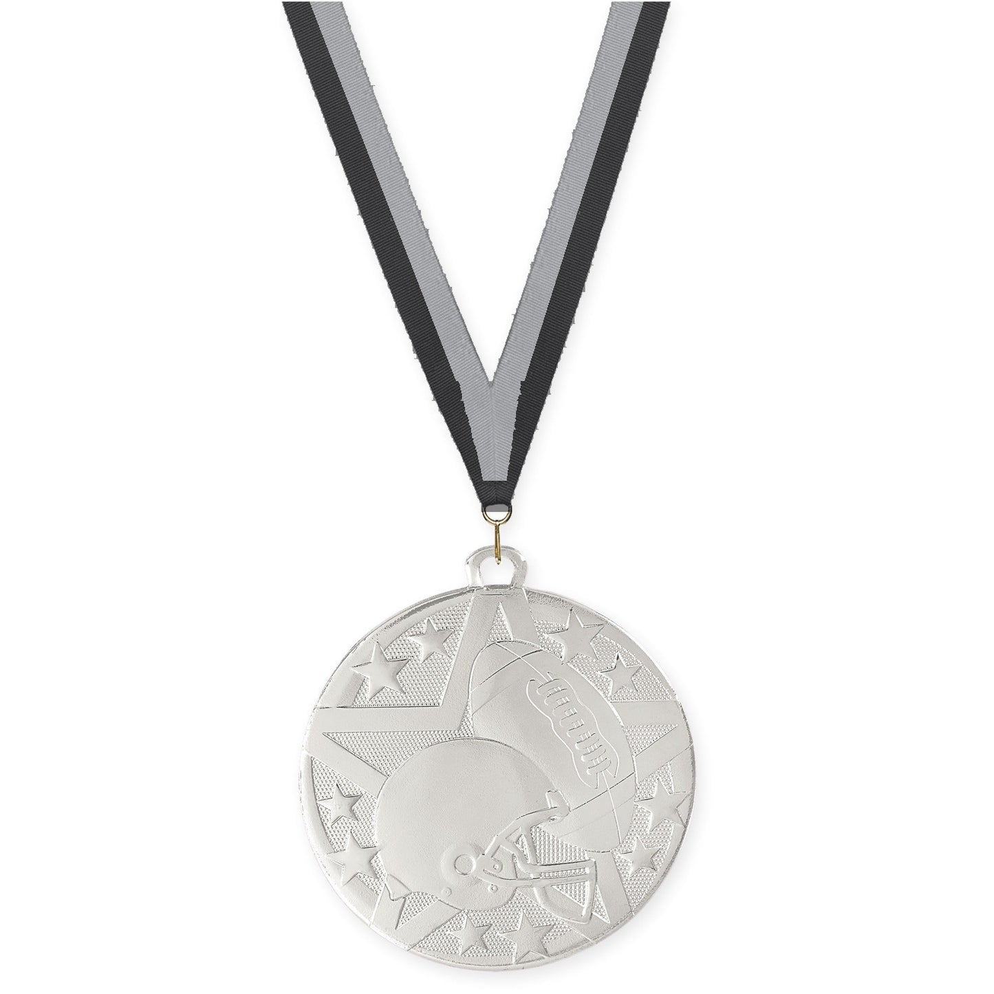 2 inch football Superstar medal in bright silver with Black Gray neck ribbon