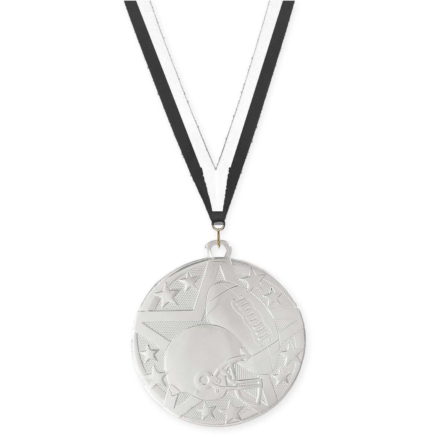 2 inch football Superstar medal in bright silver with Black White neck ribbon