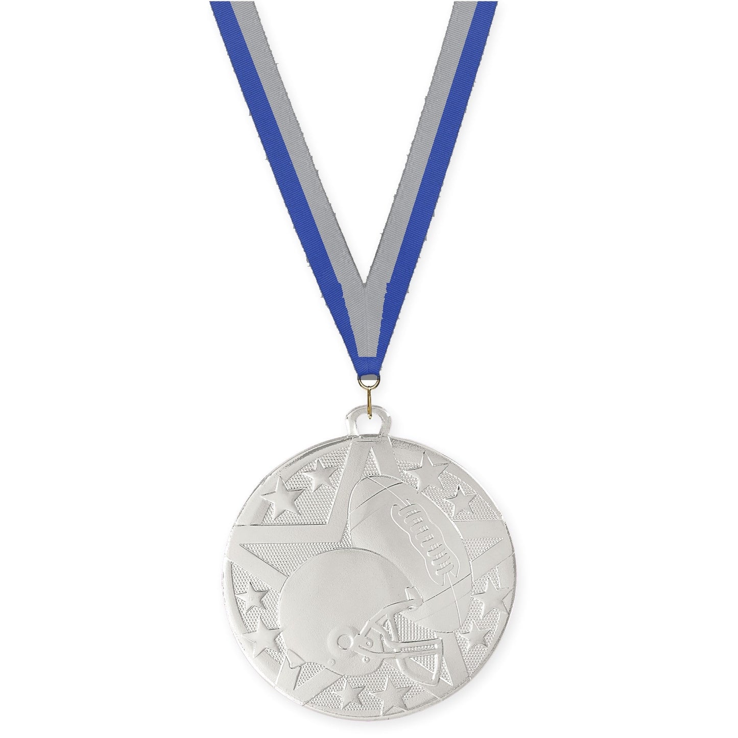 2 inch football Superstar medal in bright silver with Blue Gray neck ribbon