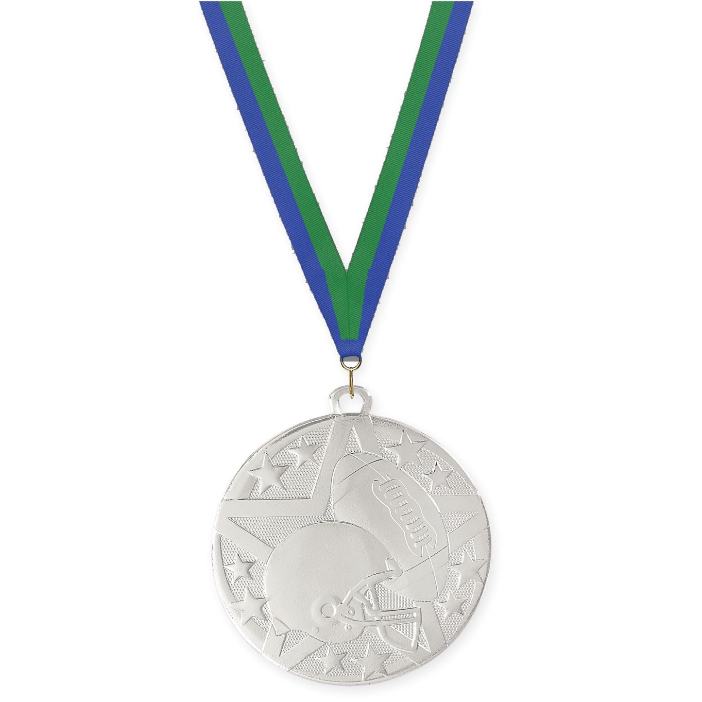 2 inch football Superstar medal in bright silver with Blue Green neck ribbon