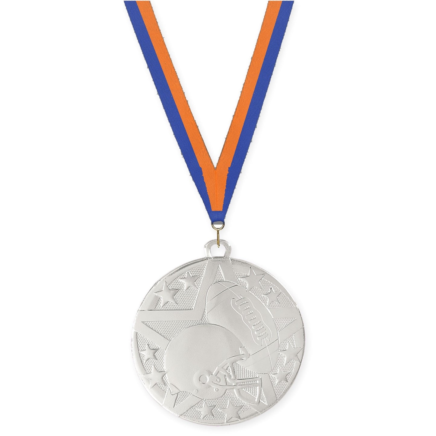 2 inch football Superstar medal in bright silver with Blue Orange neck ribbon