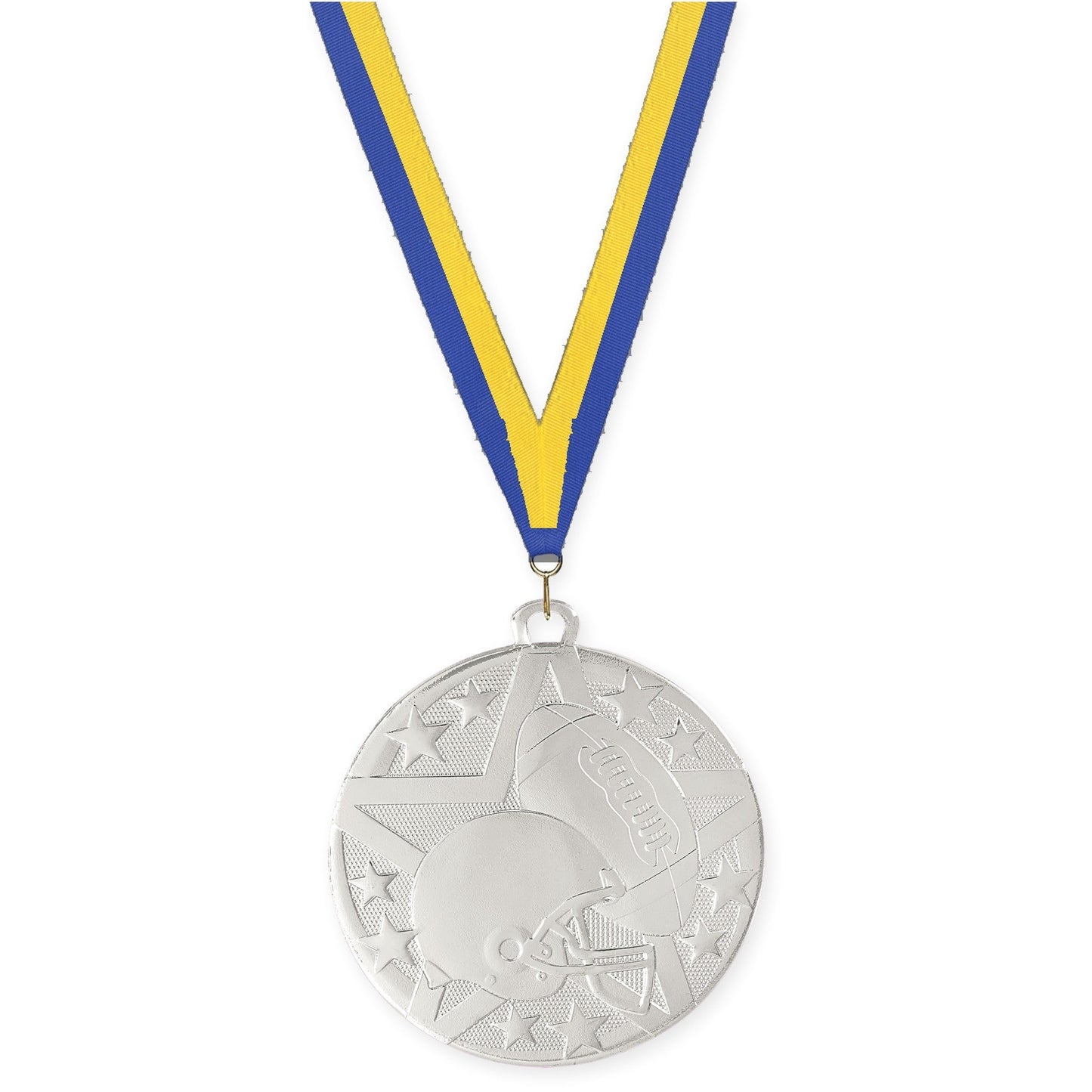 2 inch football Superstar medal in bright silver with Blue Yellow neck ribbon