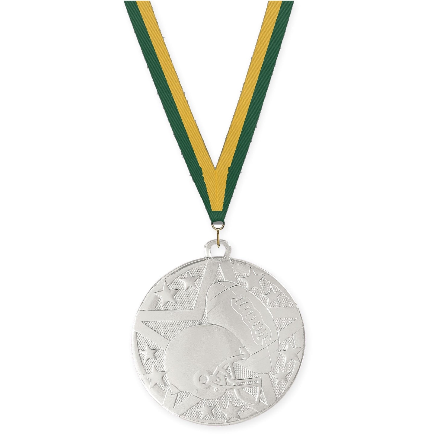 2 inch football Superstar medal in bright silver with Hunter Green Gold neck ribbon