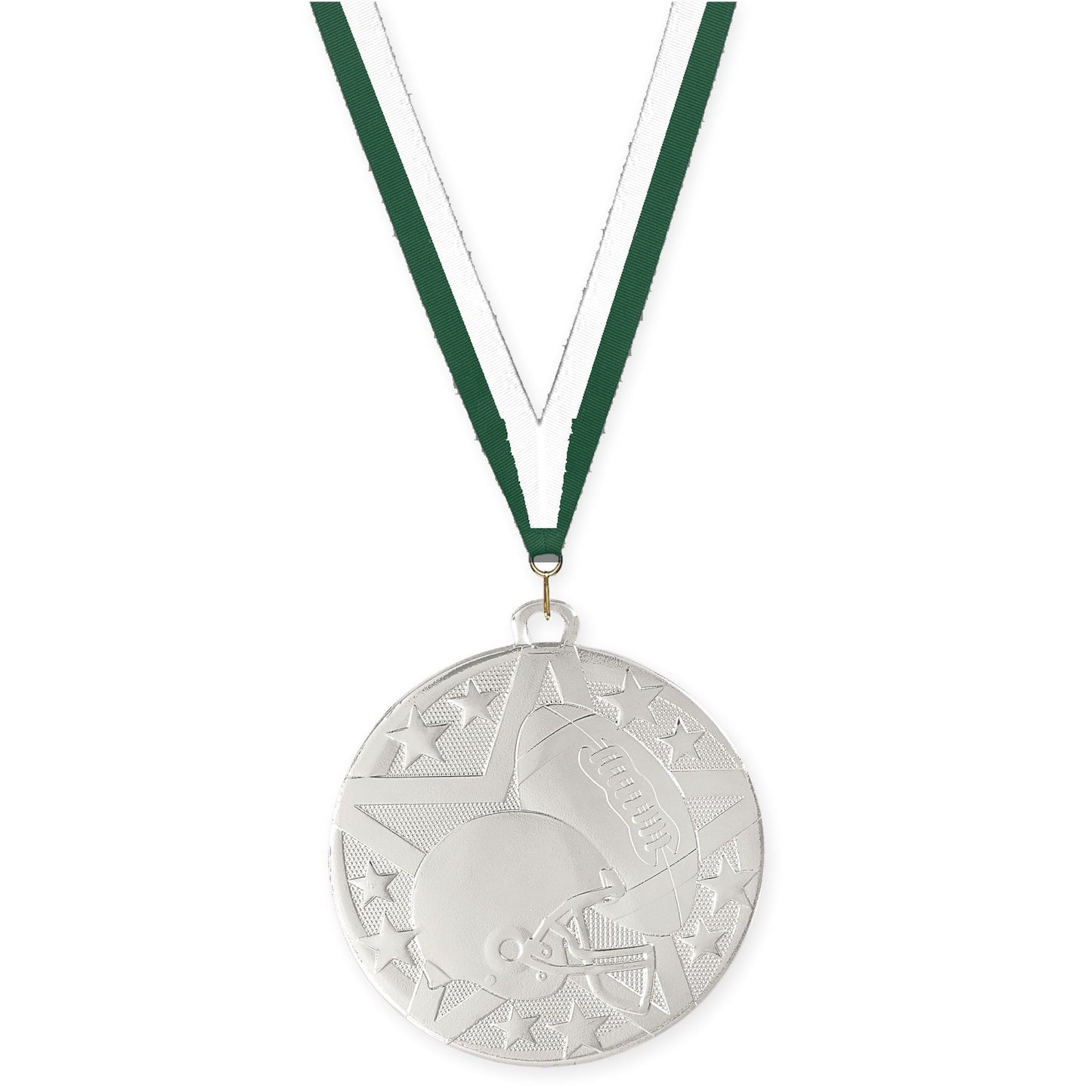 2 inch football Superstar medal in bright silver with Hunter Green White neck ribbon