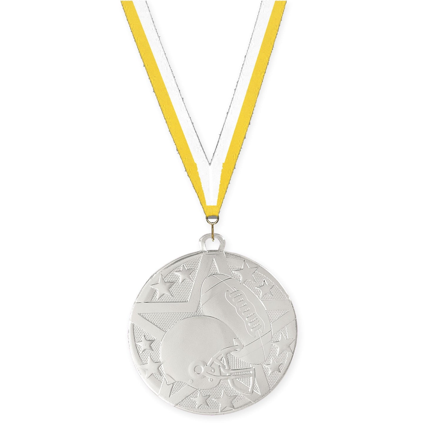 2 inch football Superstar medal in bright silver with Yellow White neck ribbon