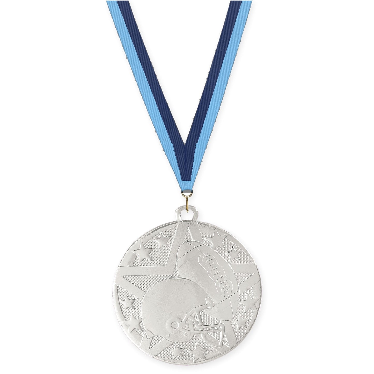 2 inch football Superstar medal in bright silver with Light Blue Navy neck ribbon
