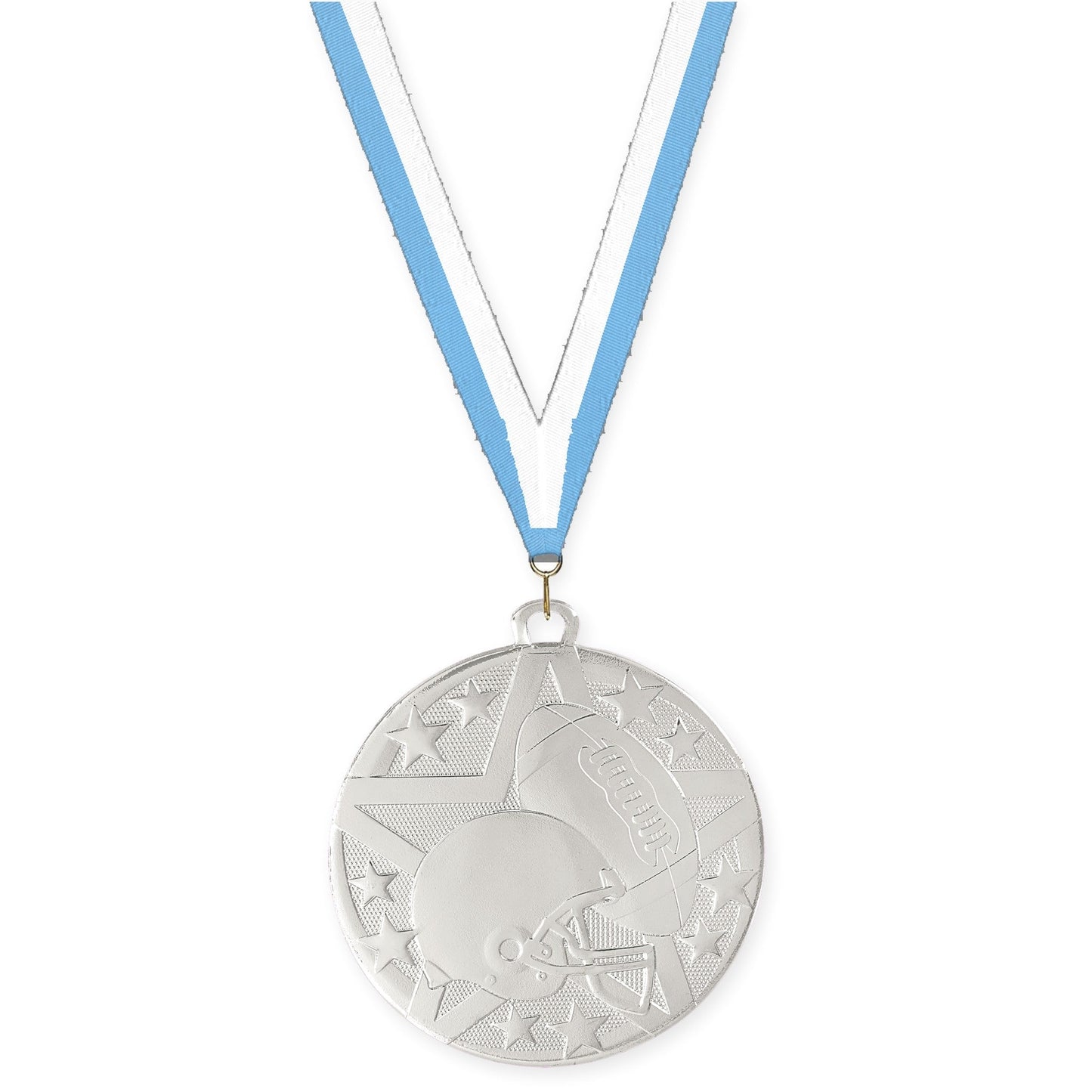 2 inch football Superstar medal in bright silver with Light Blue White neck ribbon