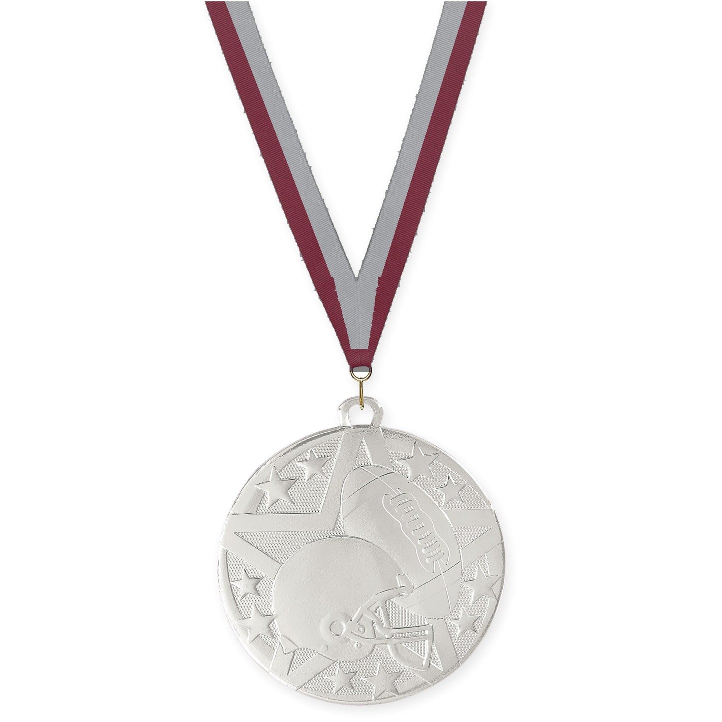2 inch football Superstar medal in bright silver with Maroon Gray neck ribbon