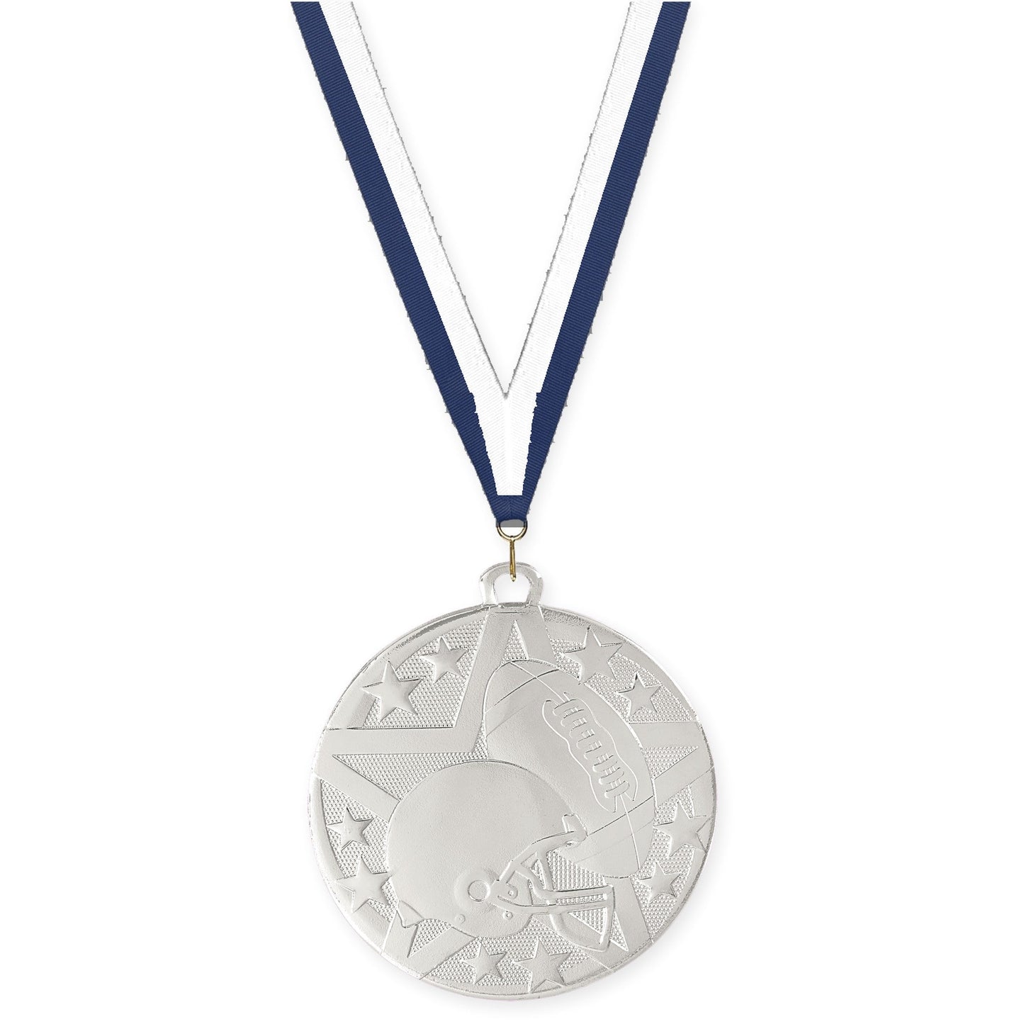 2 inch football Superstar medal in bright silver with Navy White neck ribbon