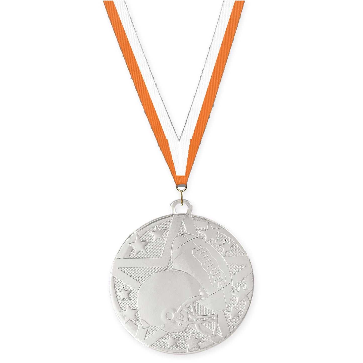 2 inch football Superstar medal in bright silver with Orange White neck ribbon