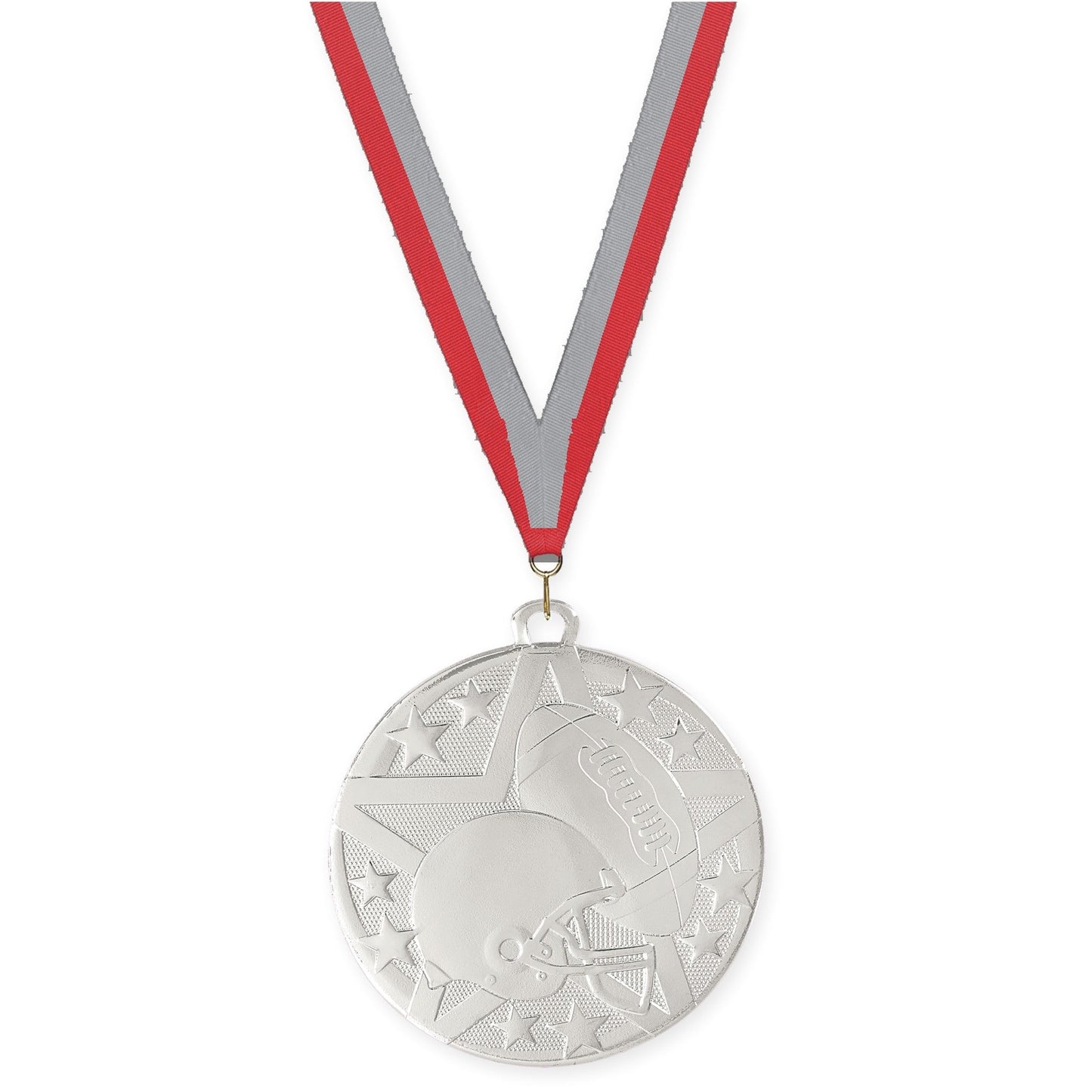 2 inch football Superstar medal in bright silver with Red Gray neck ribbon