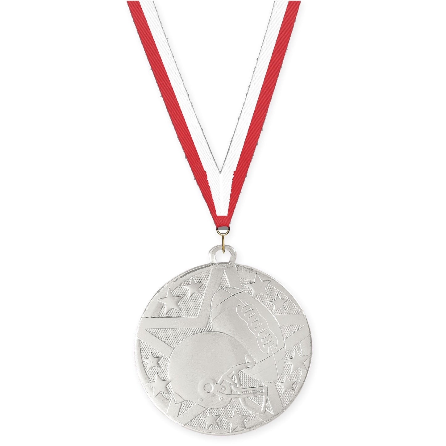 2 inch football Superstar medal in bright silver with Red White neck ribbon