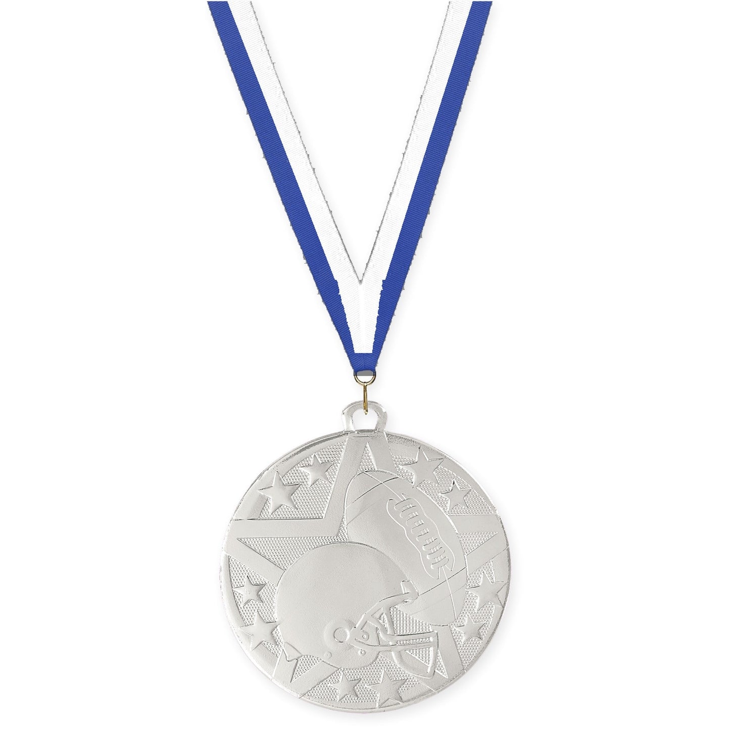 2 inch football Superstar medal in bright silver with Blue White neck ribbon
