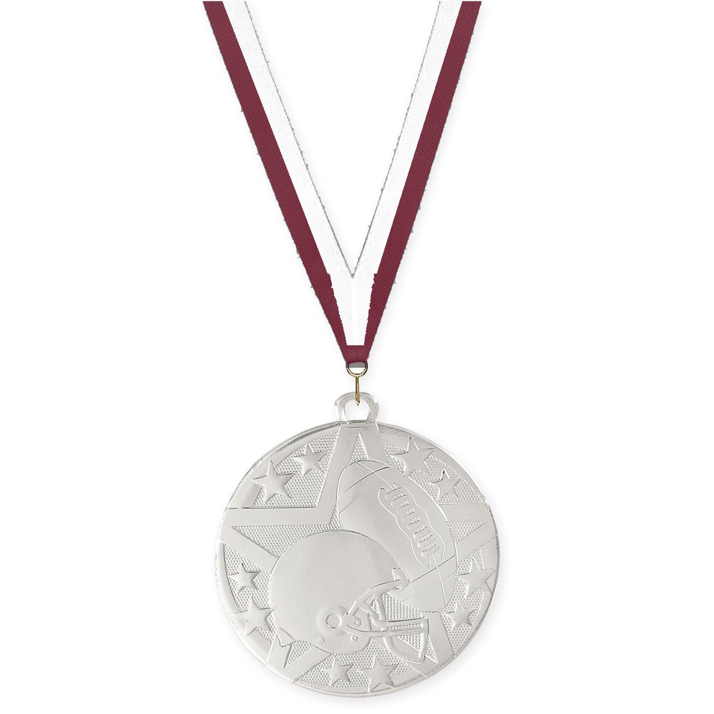 2 inch football Superstar medal in bright silver with Maroon White neck ribbon