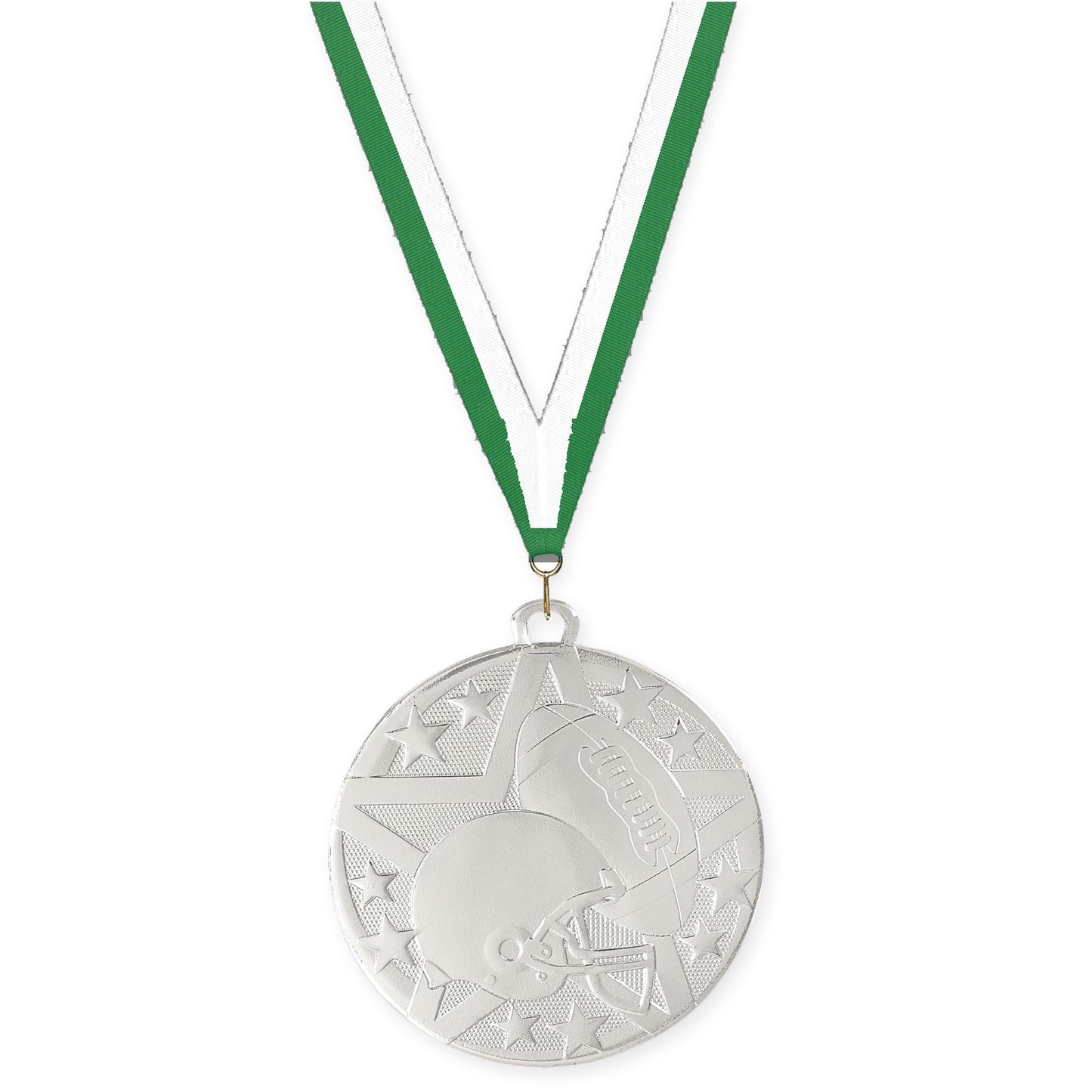 2 inch football Superstar medal in bright silver with Green White neck ribbon