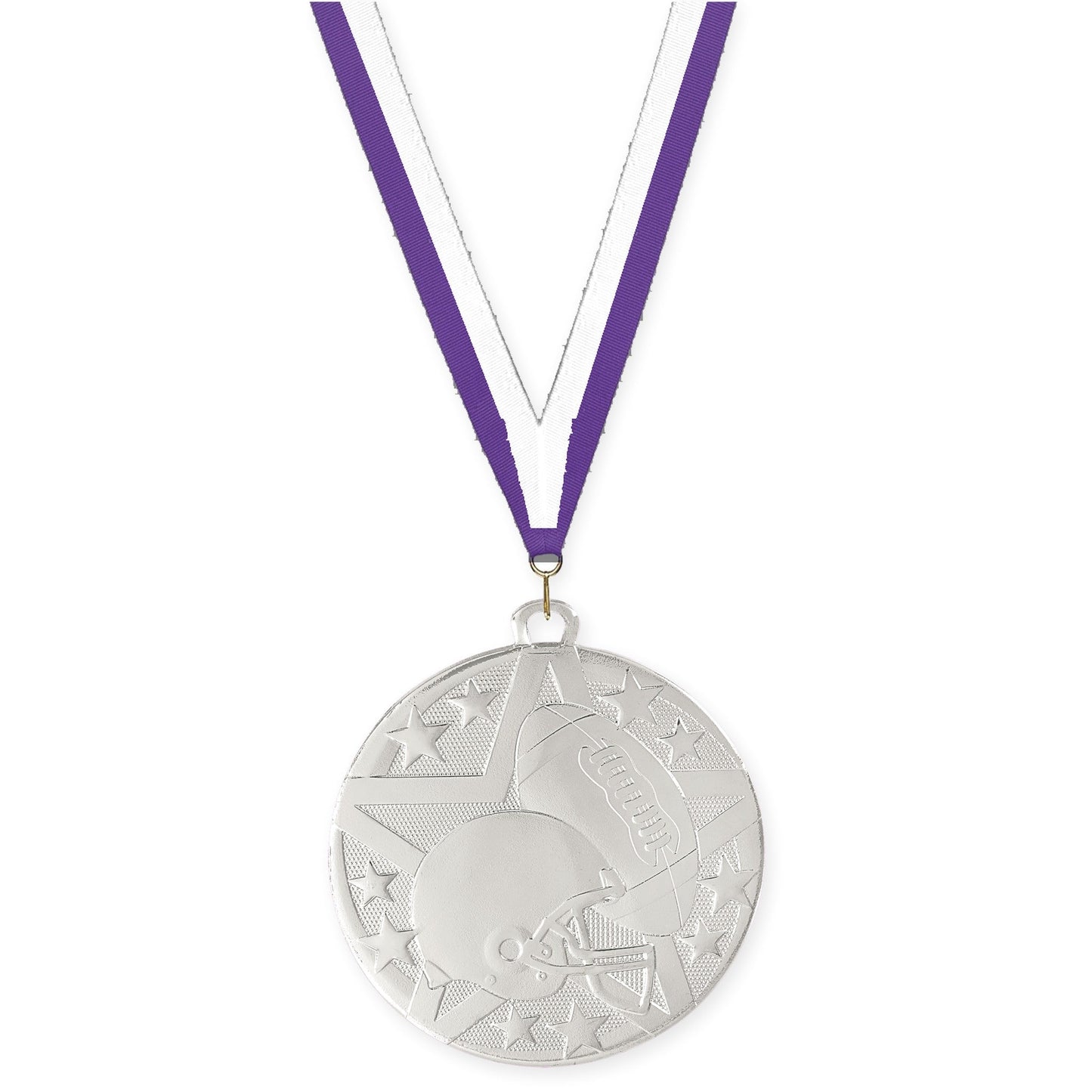 2 inch football Superstar medal in bright silver with Purple White neck ribbon