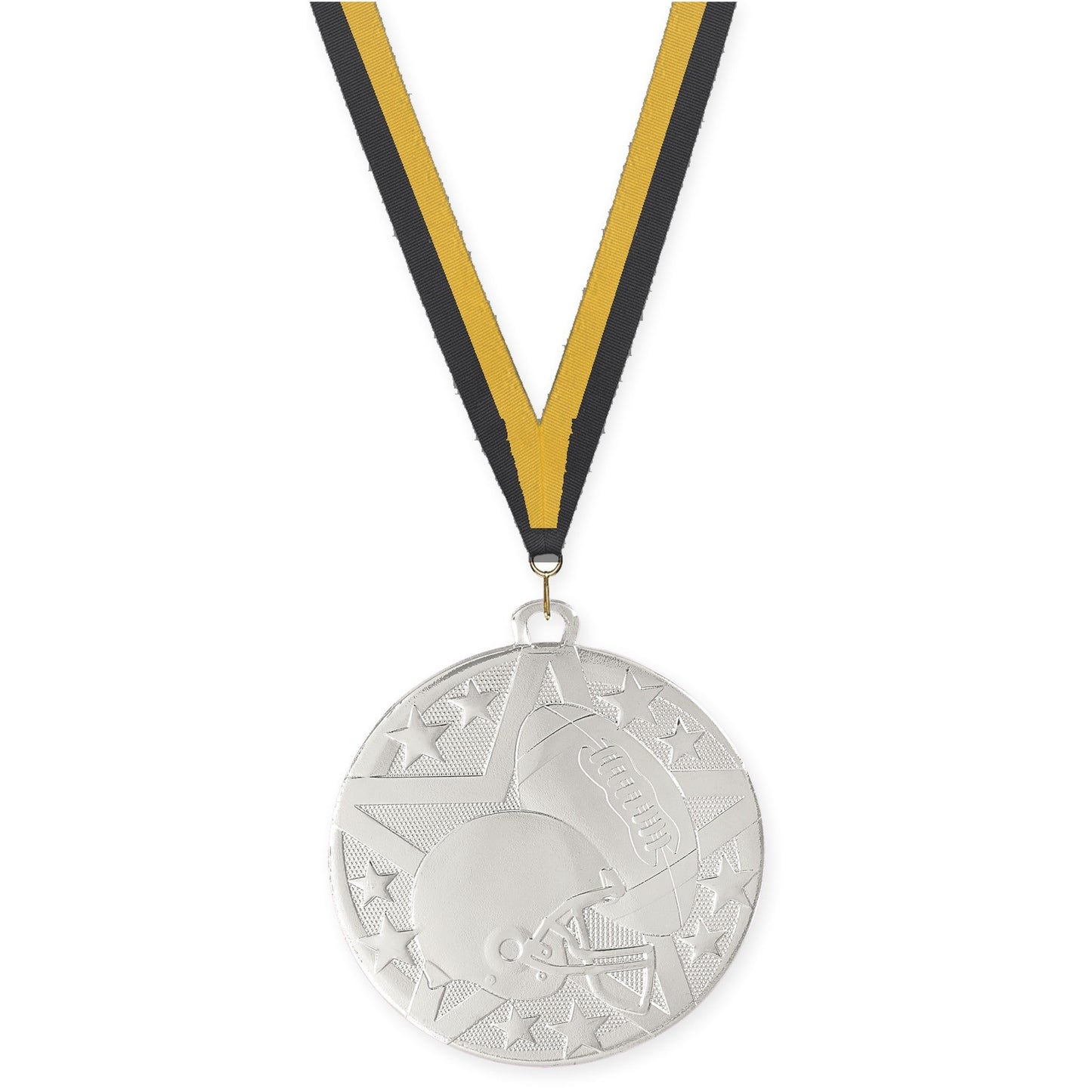 2 inch football Superstar medal in bright silver with Black Gold neck ribbon