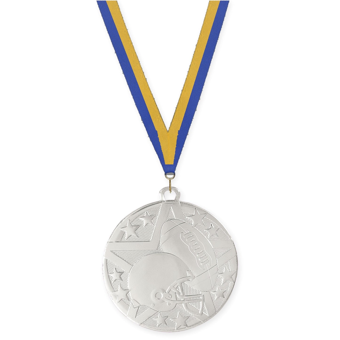 2 inch football Superstar medal in bright silver with Blue Gold neck ribbon