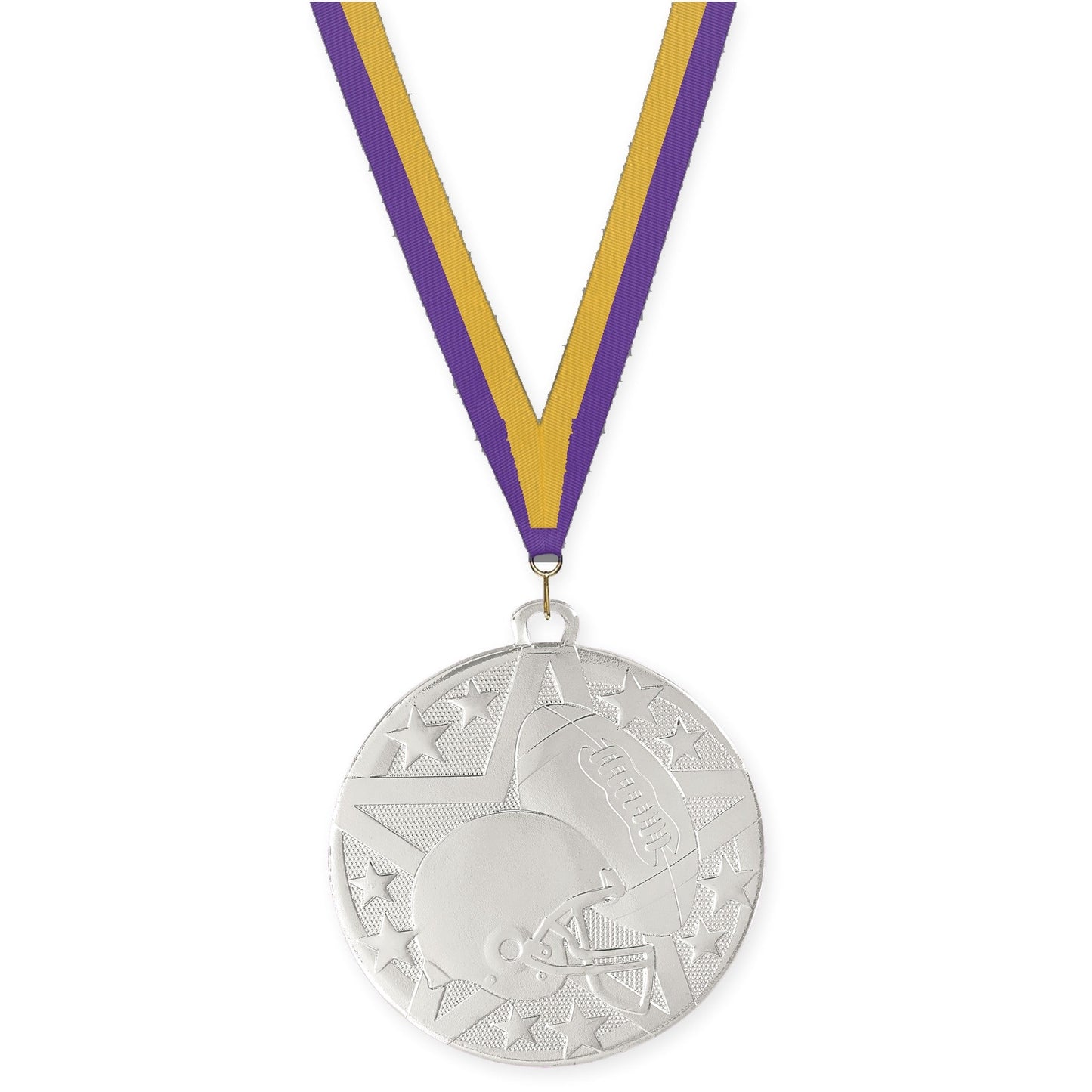 2 inch football Superstar medal in bright silver with Purple Gold neck ribbon