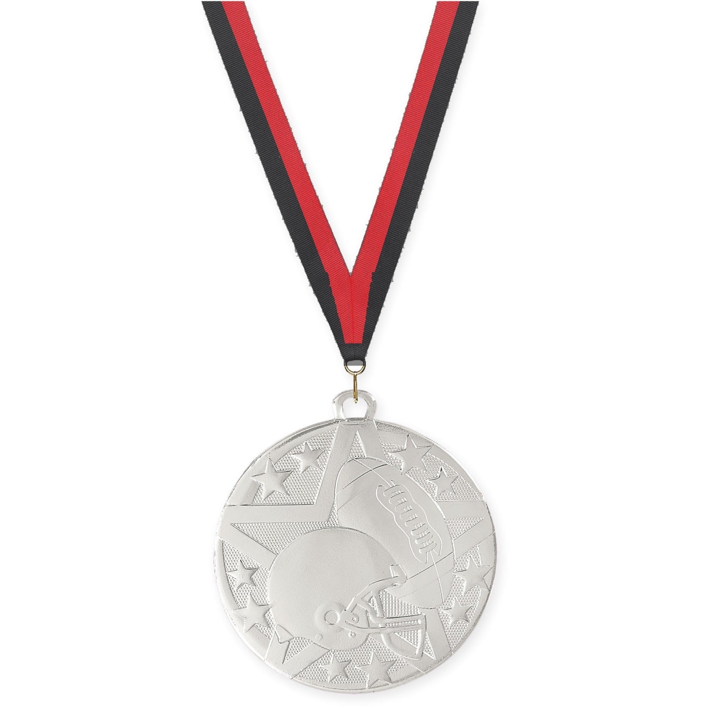 2 inch football Superstar medal in bright silver with Black Red neck ribbon