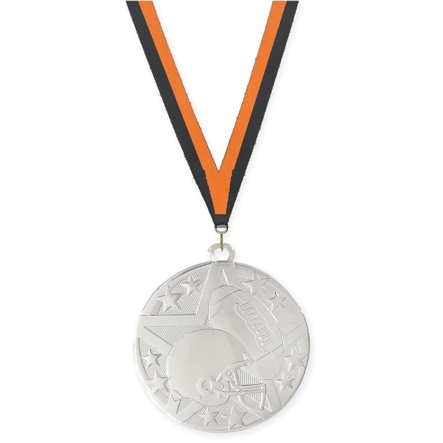 2 inch football Superstar medal in bright silver with Black Orange neck ribbon