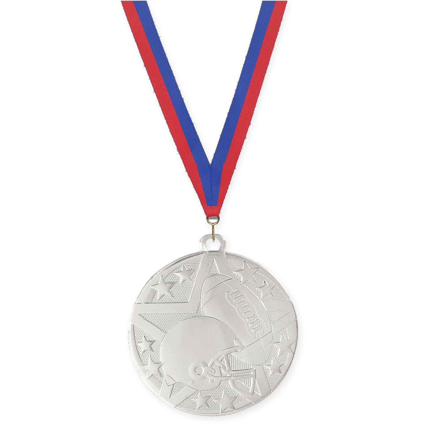 2 inch football Superstar medal in bright silver with Blue Red neck ribbon