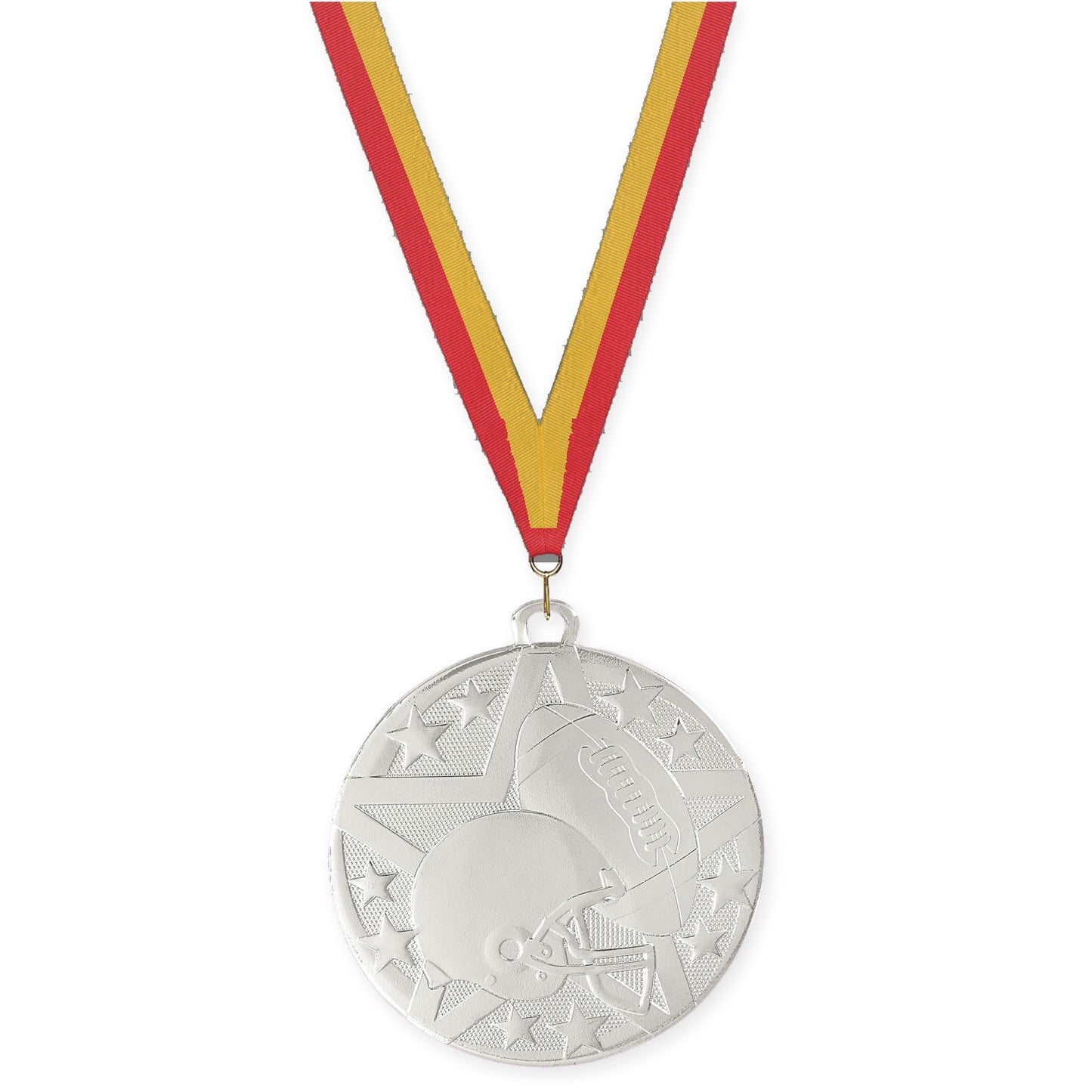 2 inch football Superstar medal in bright silver with Red Gold neck ribbon