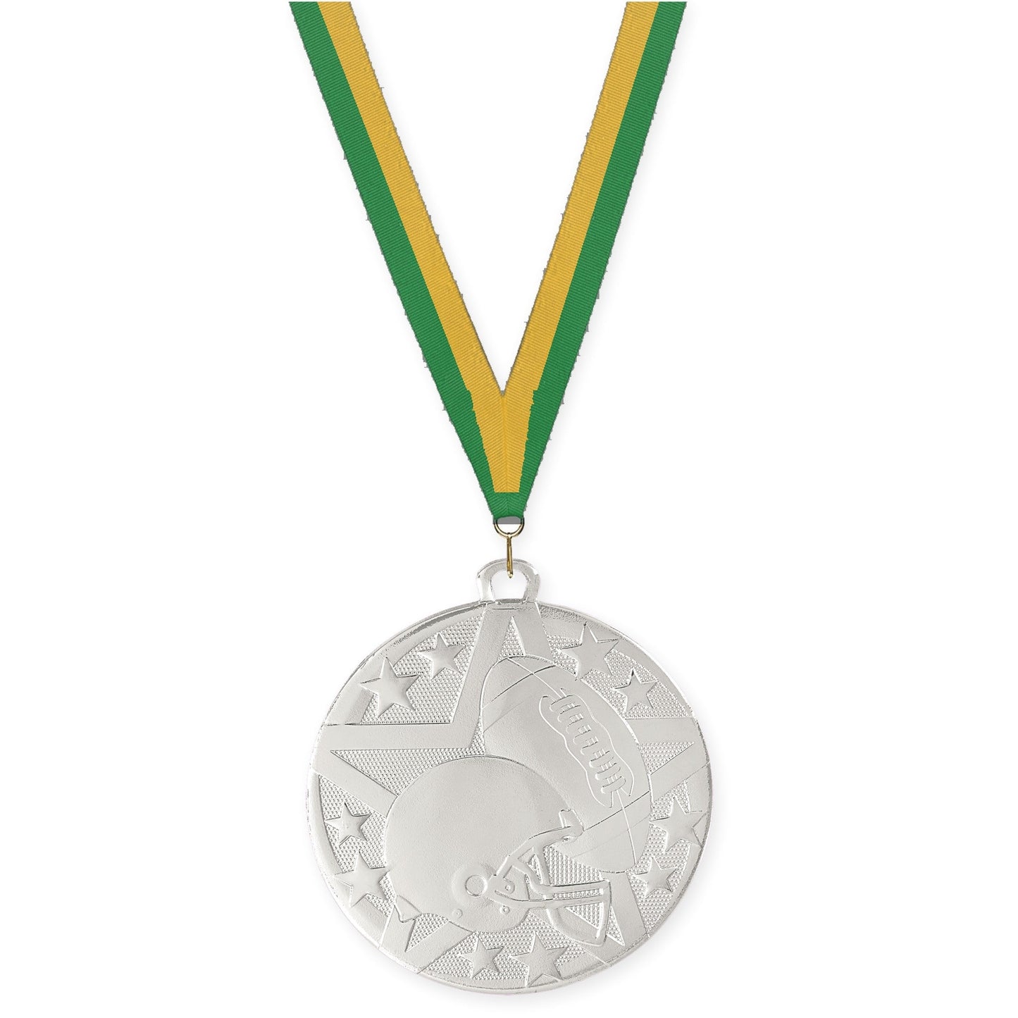 2 inch football Superstar medal in bright silver with Green Gold neck ribbon