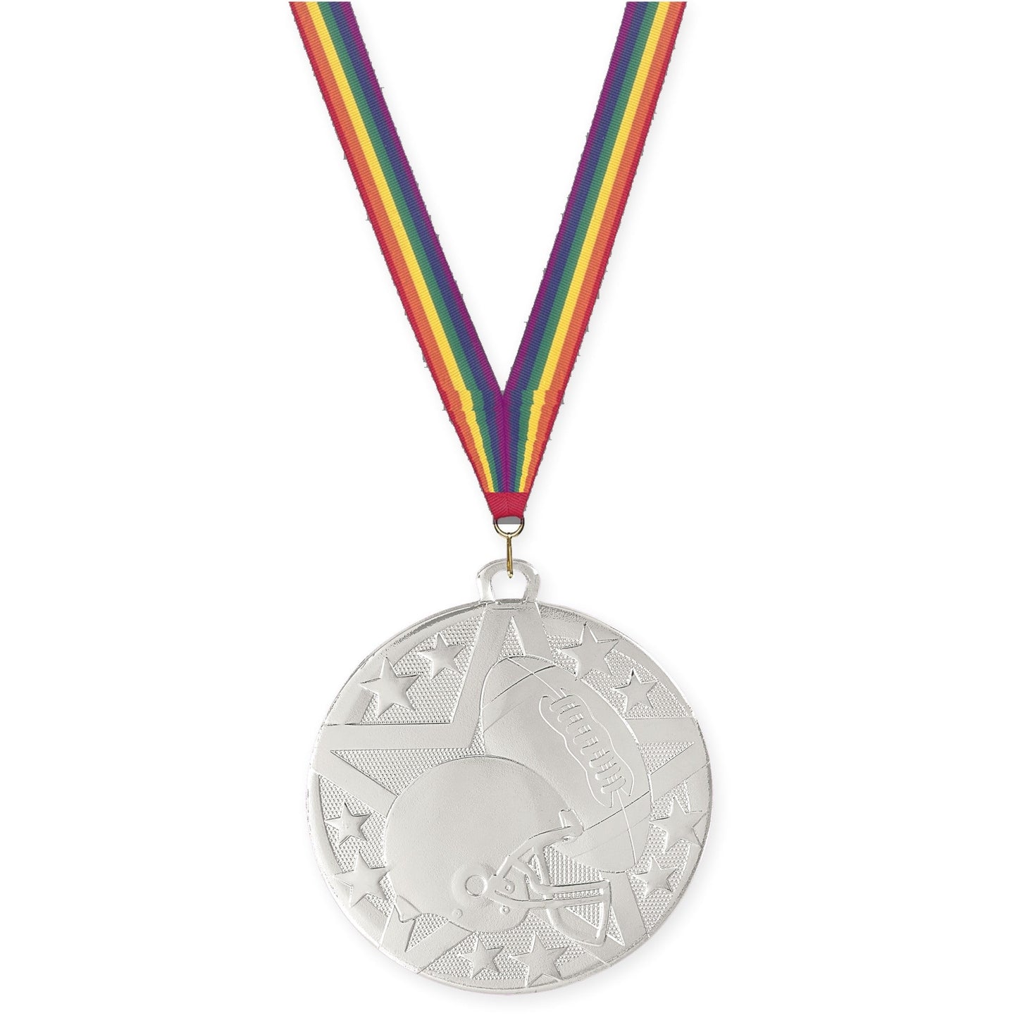 2 inch football Superstar medal in bright silver with Rainbow neck ribbon