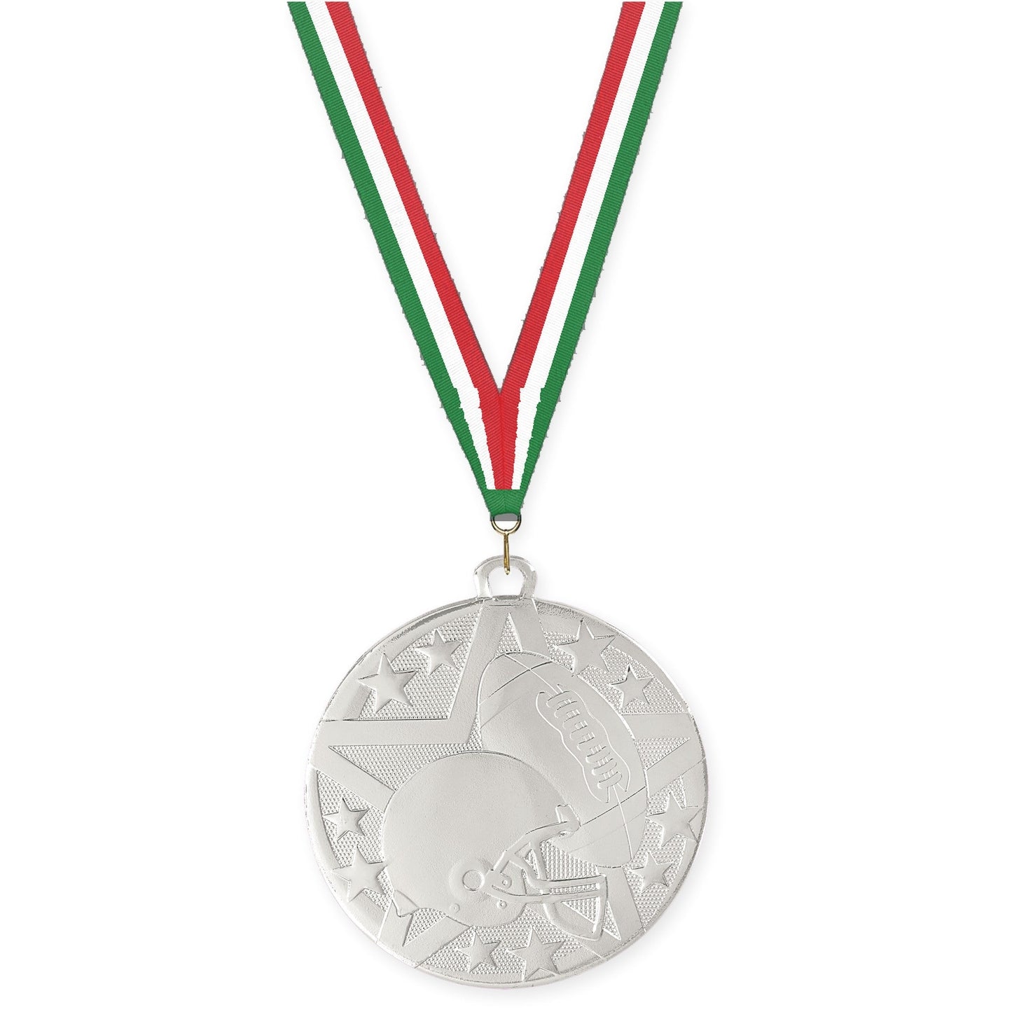 2 inch football Superstar medal in bright silver with Green White Red neck ribbon