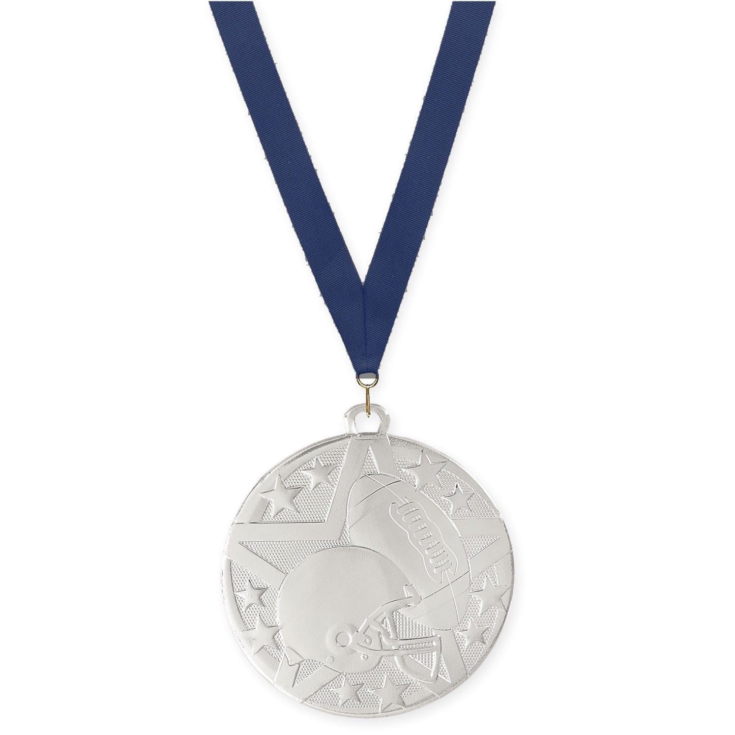 2 inch football Superstar medal in bright silver with Navy neck ribbon