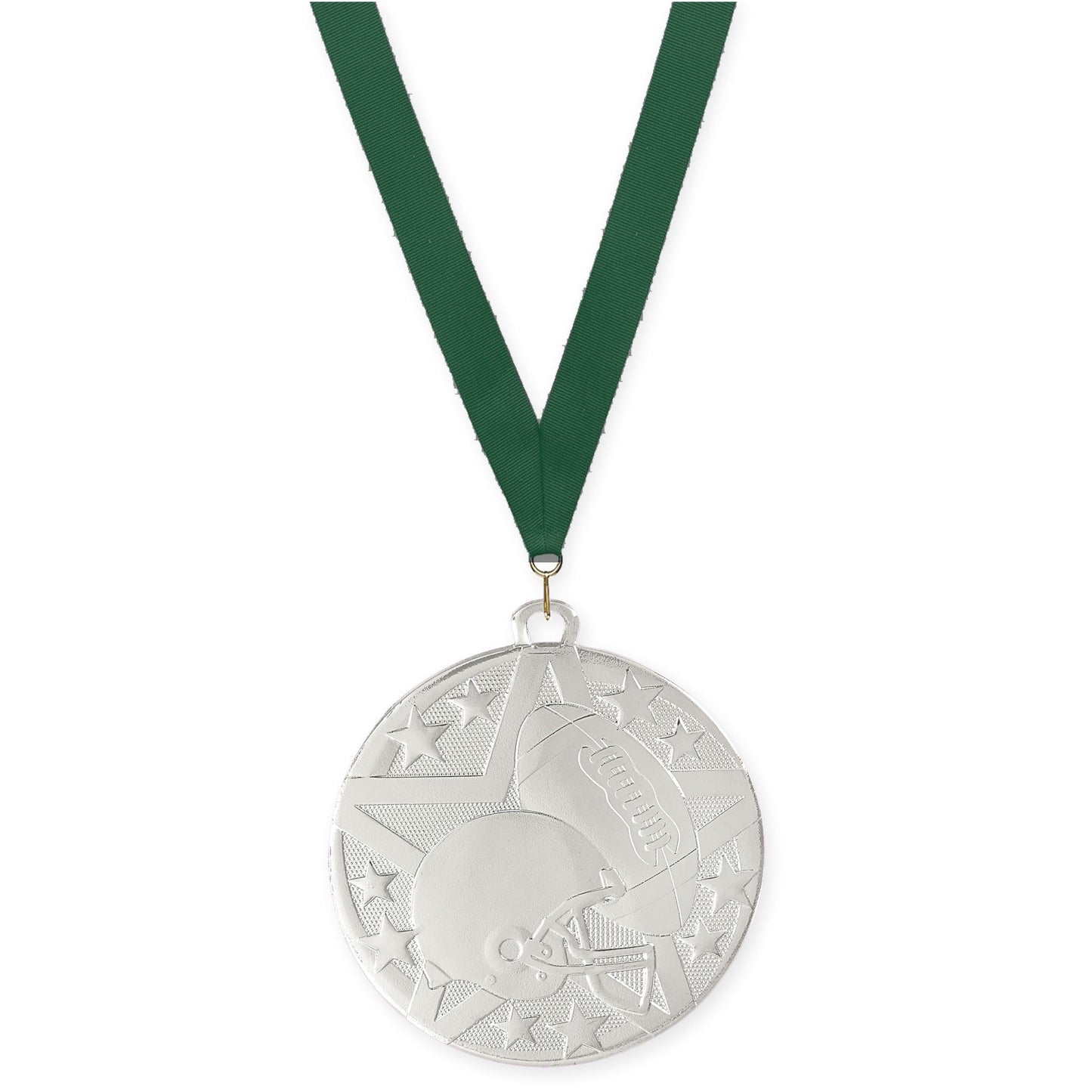 2 inch football Superstar medal in bright silver with Hunter Green neck ribbon