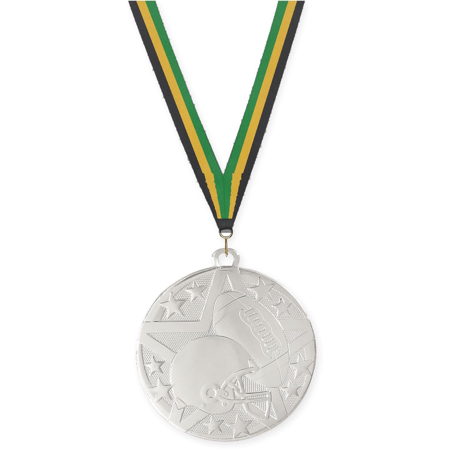 2 inch football Superstar medal in bright silver with Black Gold Green neck ribbon