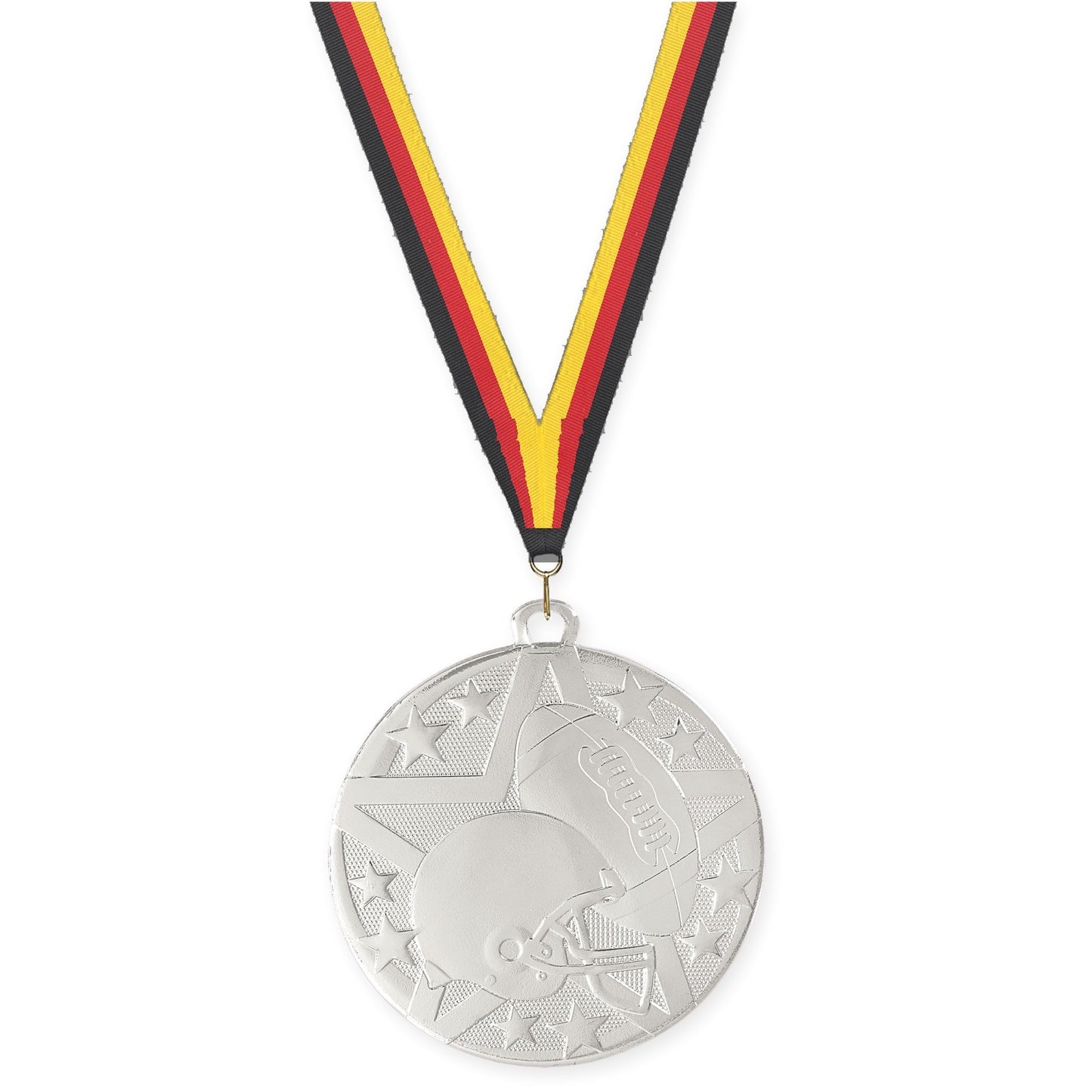 2 inch football Superstar medal in bright silver with Black Red Yellow neck ribbon
