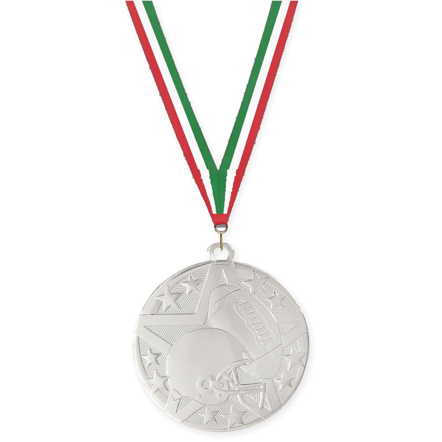 2 inch football Superstar medal in bright silver with Red White Green neck ribbon
