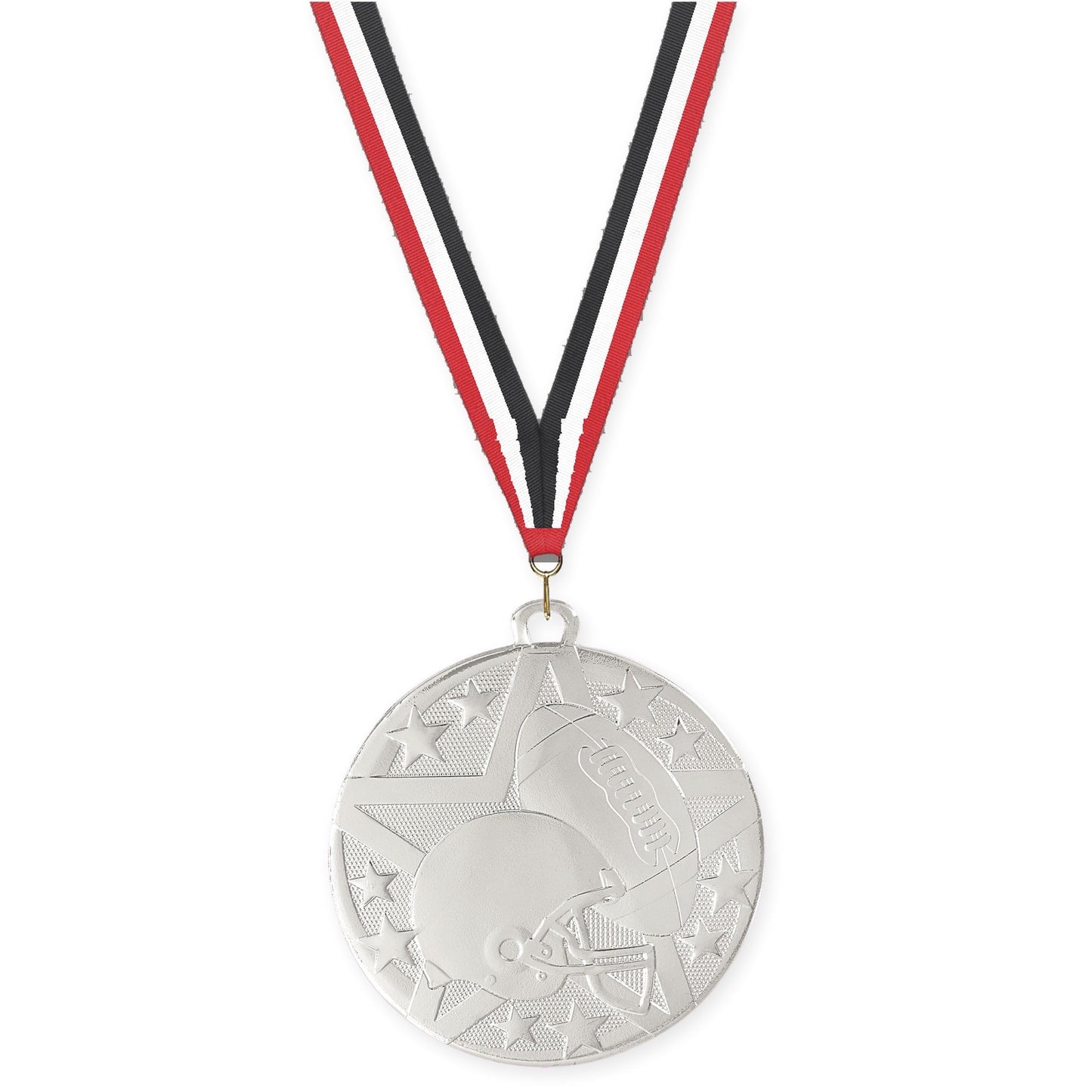 2 inch football Superstar medal in bright silver with Red White Black neck ribbon