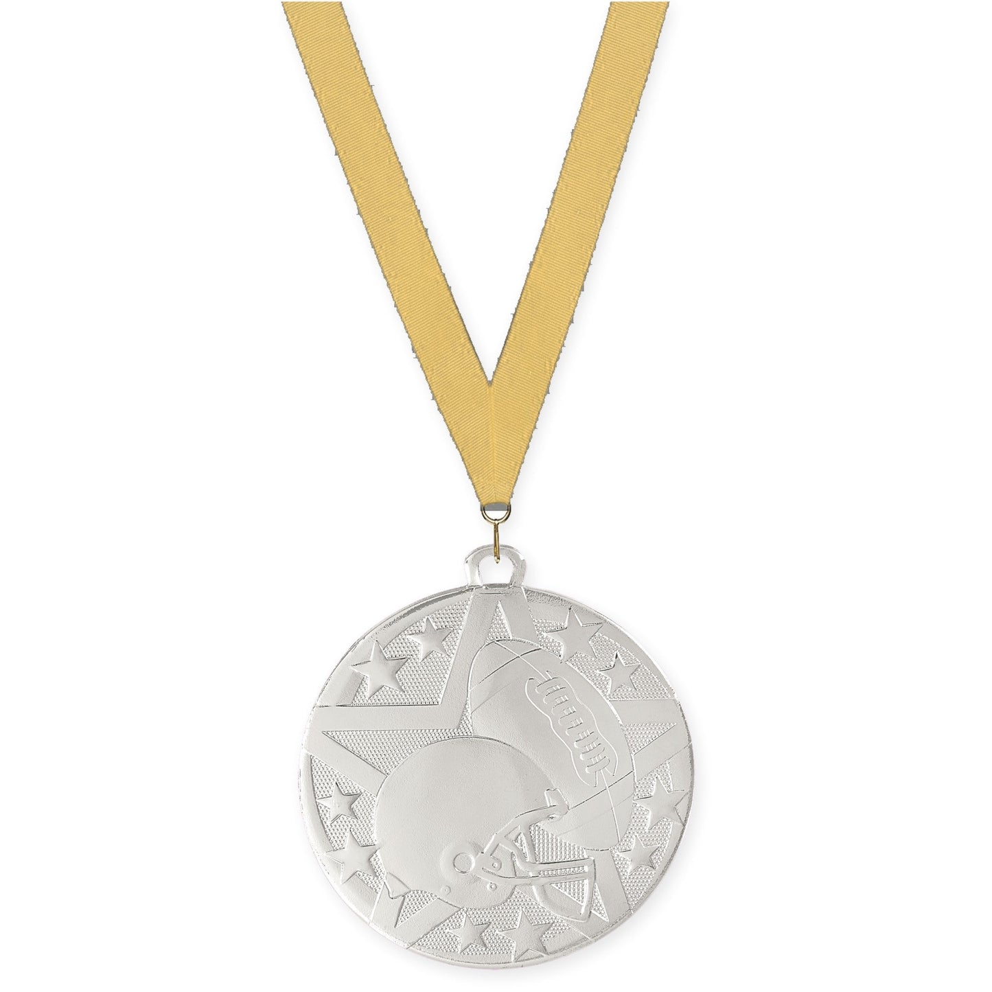 2 inch football Superstar medal in bright silver with Gold Metallic neck ribbon