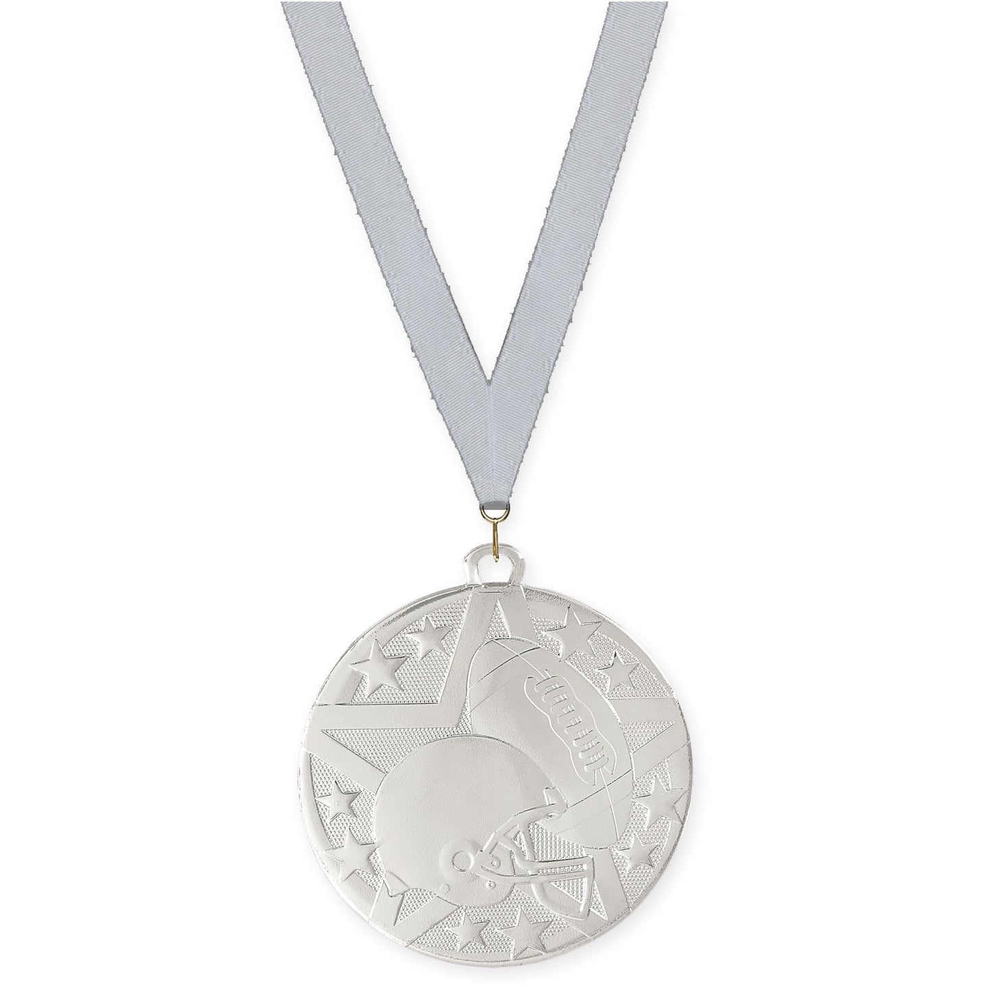 2 inch football Superstar medal in bright silver with Silver Metallic neck ribbon